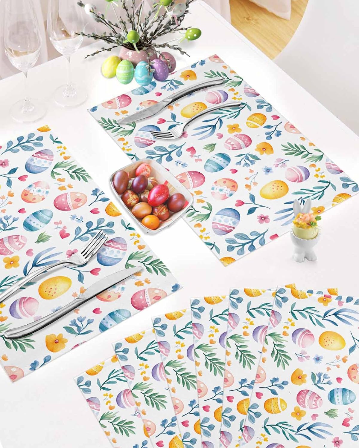 Easter Eggs Placemats Set of 1, Floral Washable Cotton Linen Table Mats for Kitchen Dining Table, Heat-Resistant Place Mats for Indoor Outdoor Parties, Spring Holiday Decorations