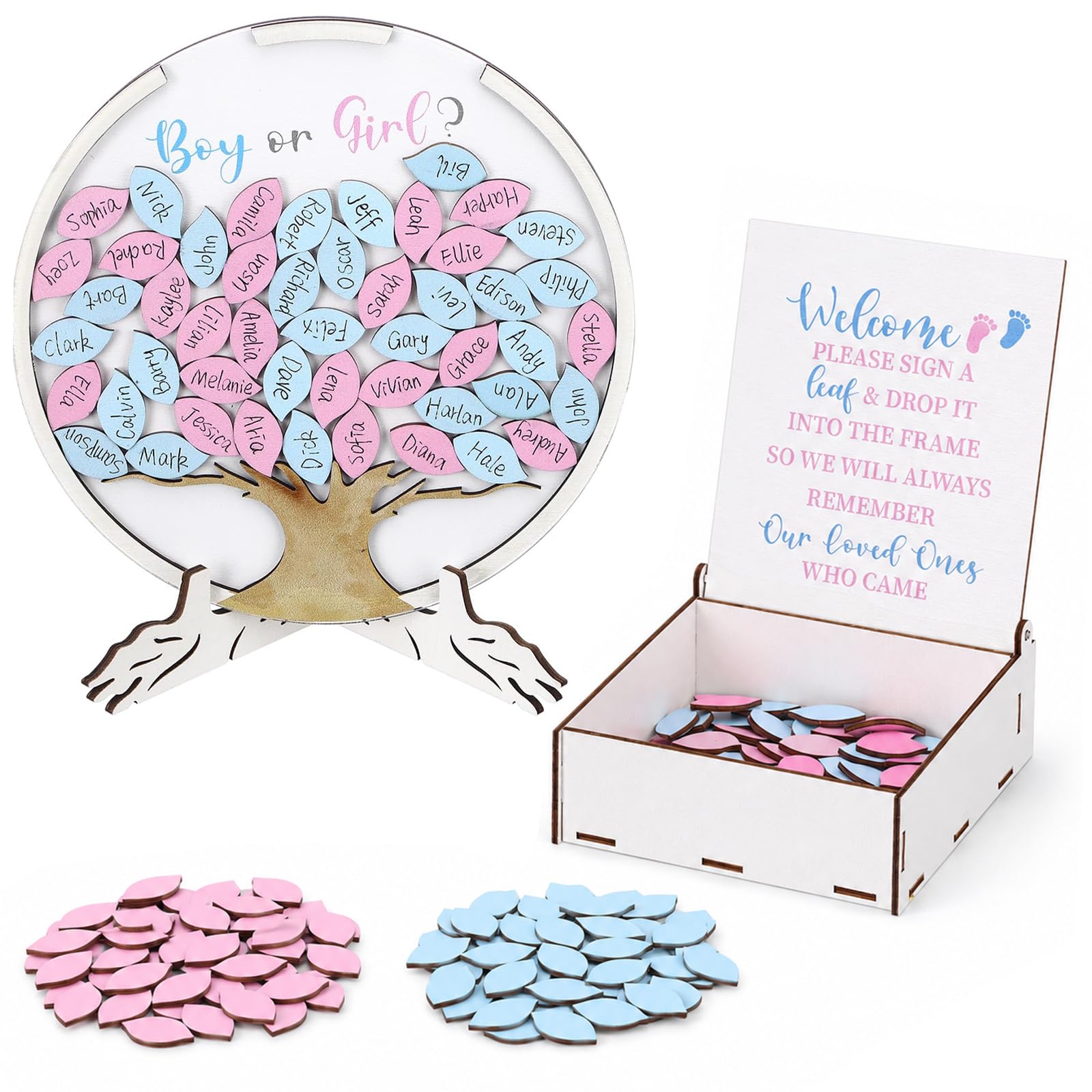 63Pcs Wooden Gender Reveal Guest Book, 20cm Tree of Life Baby Shower Sign with Stand, Storage Box and 60 Pink & Blue Signing Blocks, Nursery Decoration