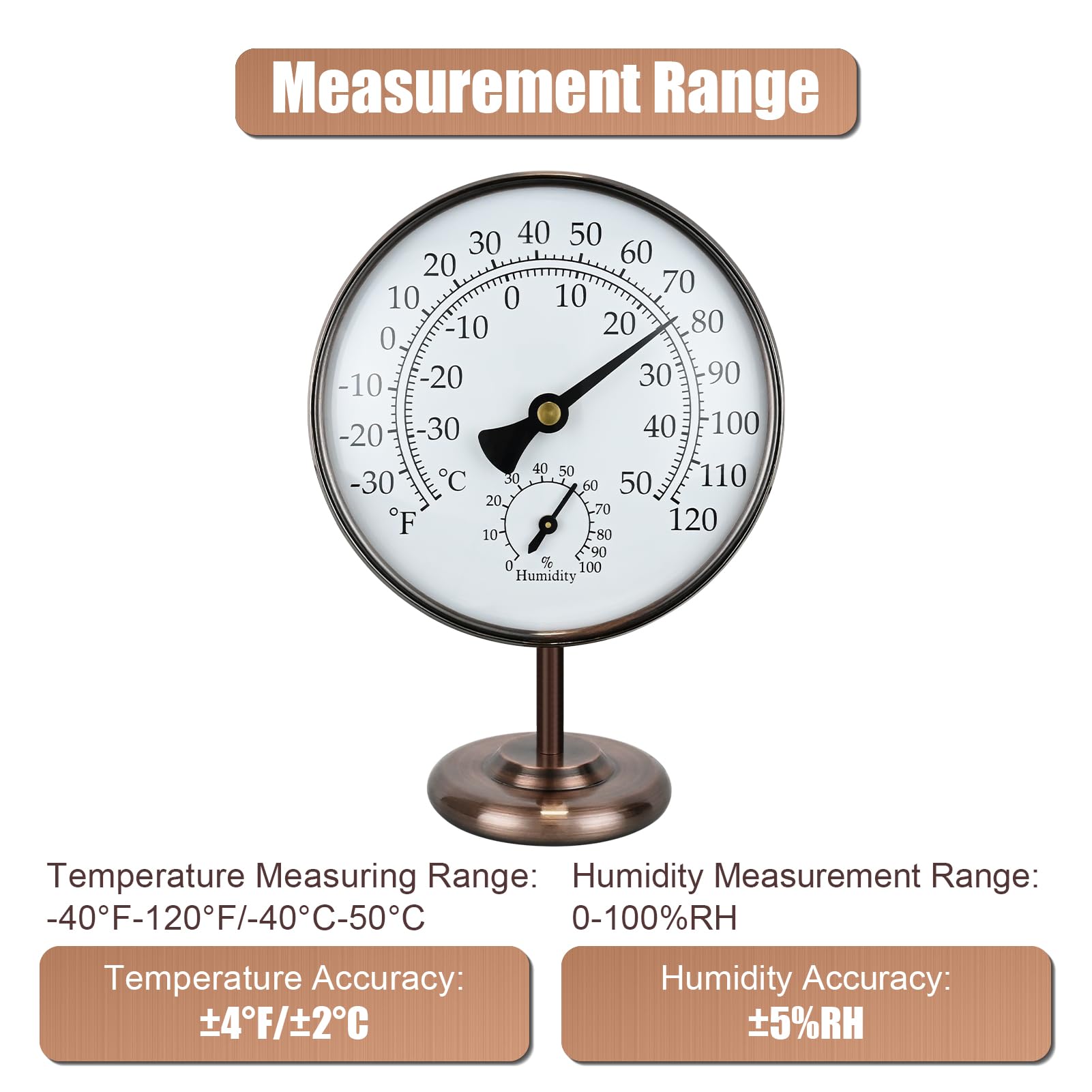 Thermomètre hygromètre d'extérieur de 10,2 cm – Jauge de température analogique en laiton massif avec support, pas de pile nécessaire – Cadran météo – Thermomètre hygromètre pour la maison, le bureau