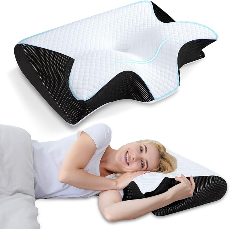 HOMCA Almohada cervical de espuma viscoelástica, almohada ortopédica de contorno ergonómica 2 en 1 para dolor de cuello, almohadas de apoyo contorneadas para personas que duermen boca arriba y boca abajo