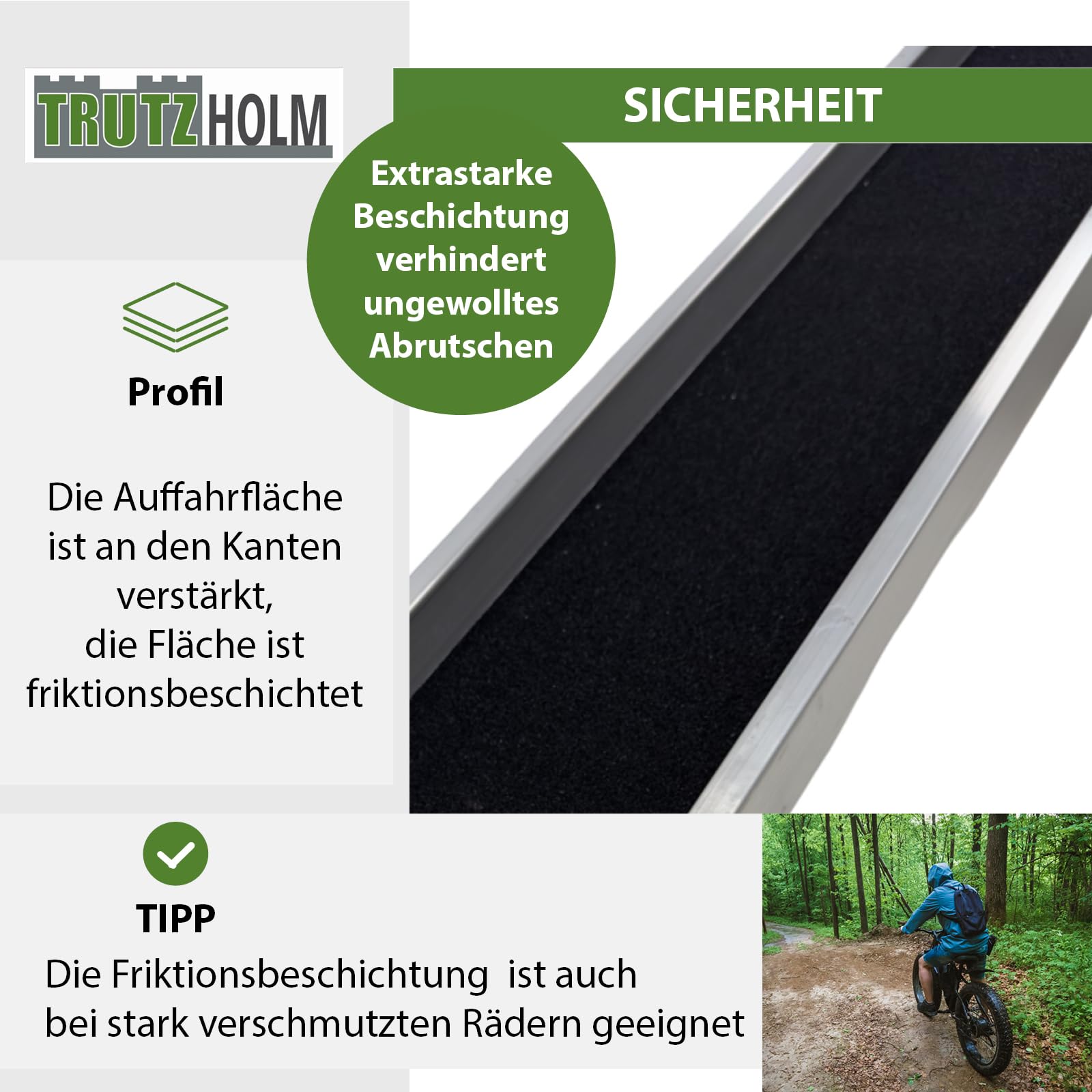 TRUTZHOLM 1x Auffahrschiene Aluminium Gesamtlänge 183 cm Tragkraft 50 kg Anti-Rutsch Beschichtung Auffahrrampe starr für E-Bike kleine Mofas Fahrrad Verladerampe Faharradrampe E-Bikerampe leicht