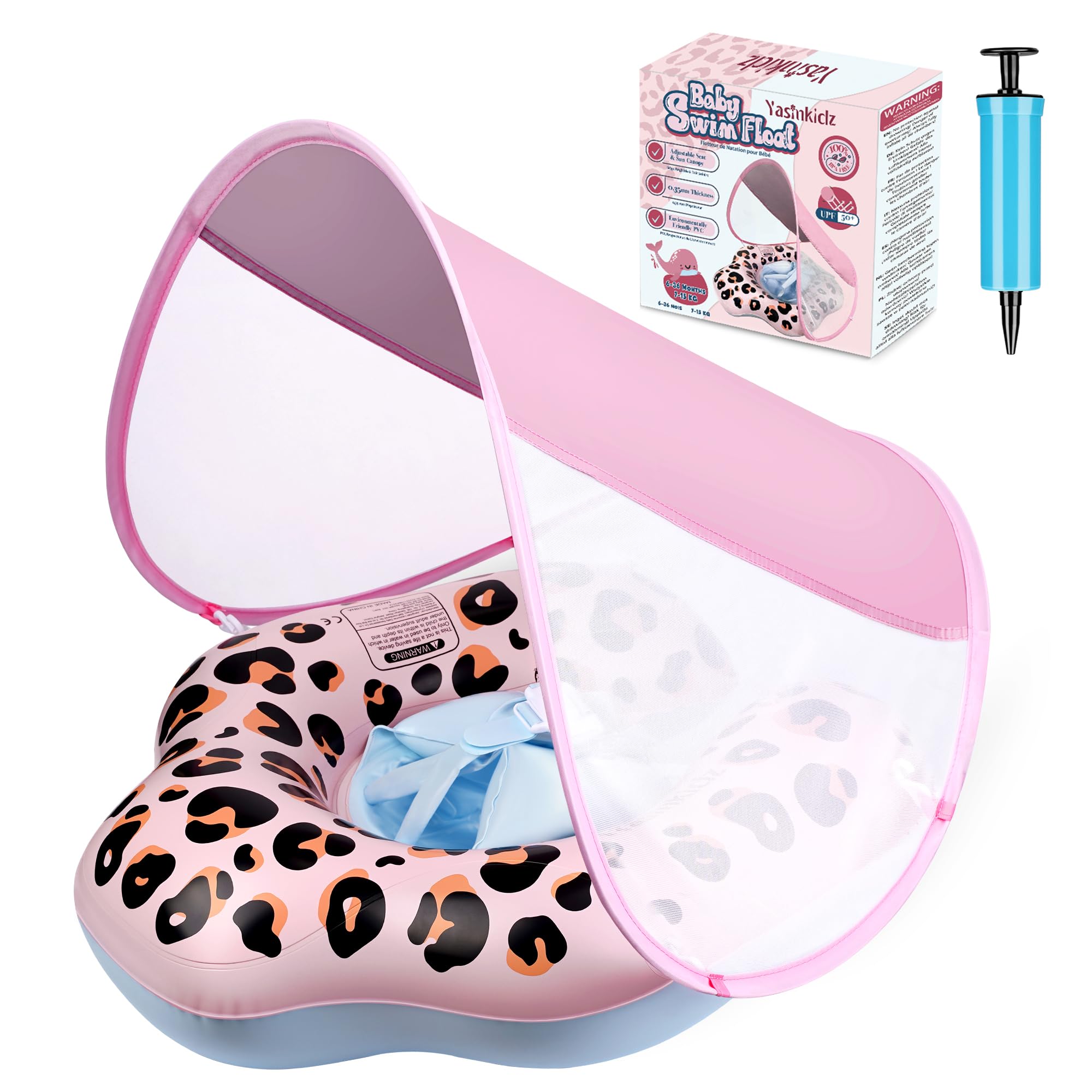 Baby Pool Float, Leopard Toddler Pool Float Baby Float with Canopy, Infant Pool Floats for Kids 6-36 Months(18-33 lbs)