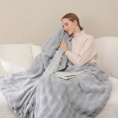 Miniatura 4 de Manta de piel sintética de conejo súper pesada, cálida y acogedora manta de cama marrón para sofá y sofá, mullida, elegante, suave, reversible,