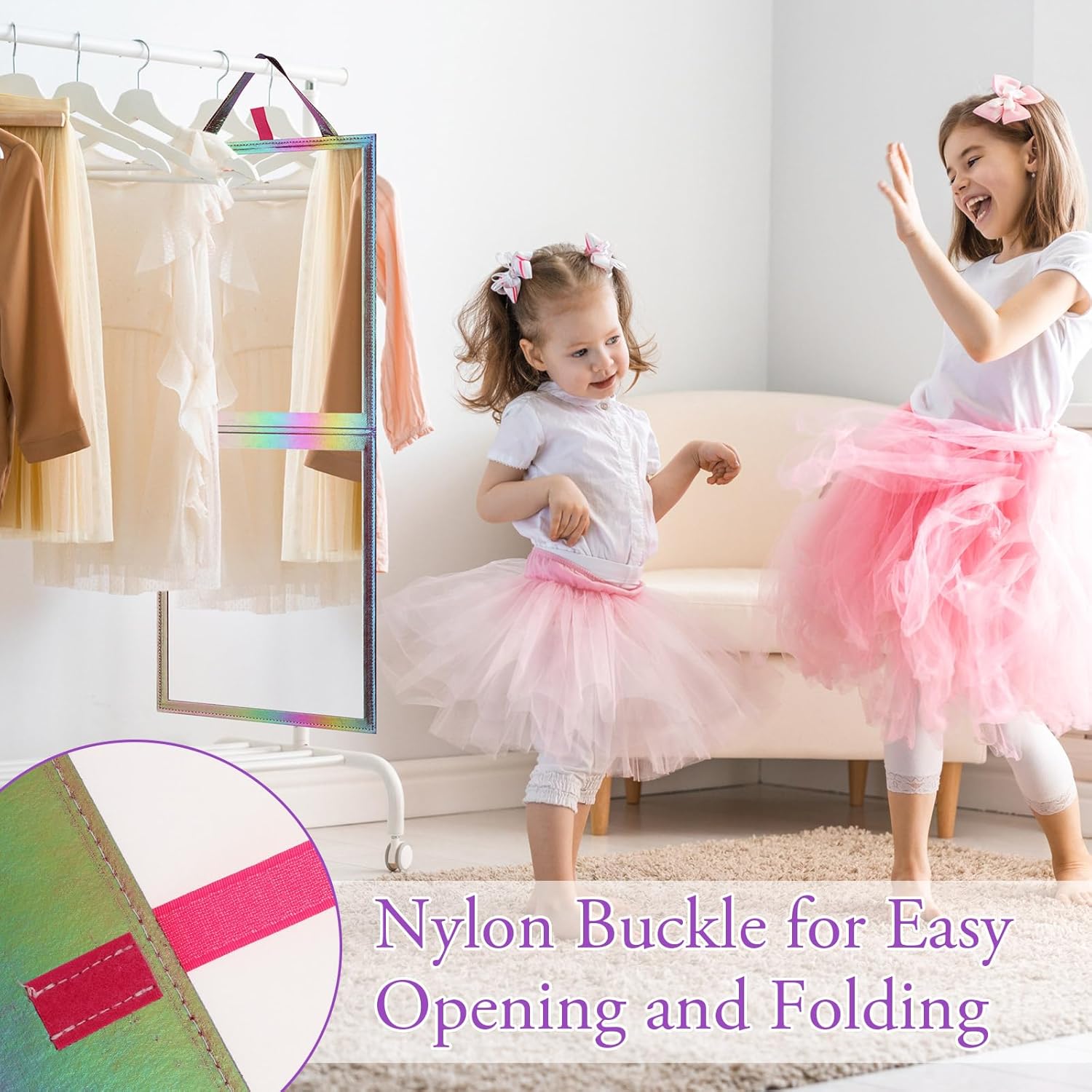 Chunful Foldable Backstage Mirror with Handle Holographic 33.5 X 13.4 Inch Folding Hanging Mirror Rectangular for Travel Dance Bag Home Fitness Spa Gift for Dancers(Dark Purple)