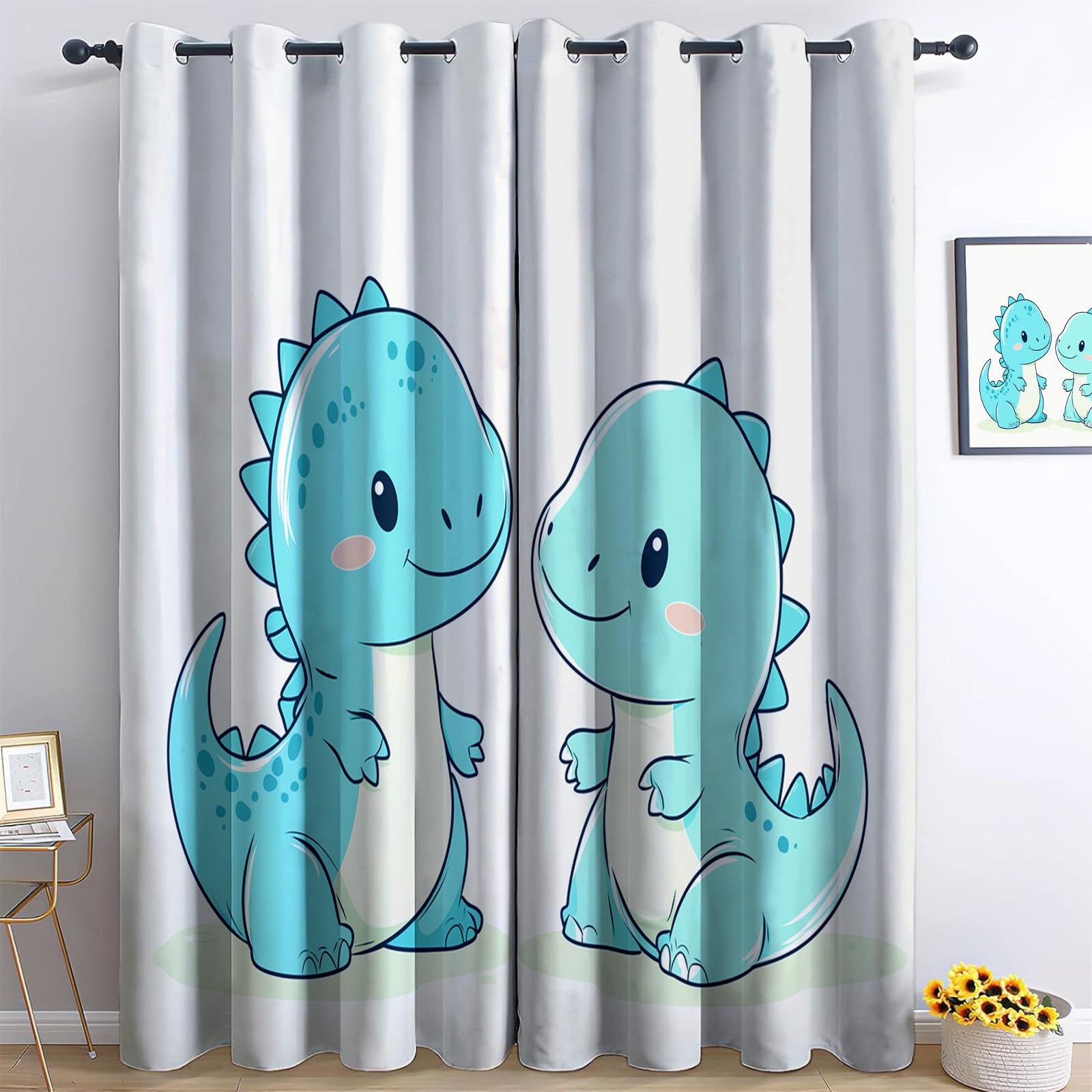 Blackout Curtains - Cartoon Dinosaur Cute Thermal Insulated Room Darkening Window Drapes Light Color, for Nursery Baby Bedroom Playroom 2 Panels, 46 x 90 Inch