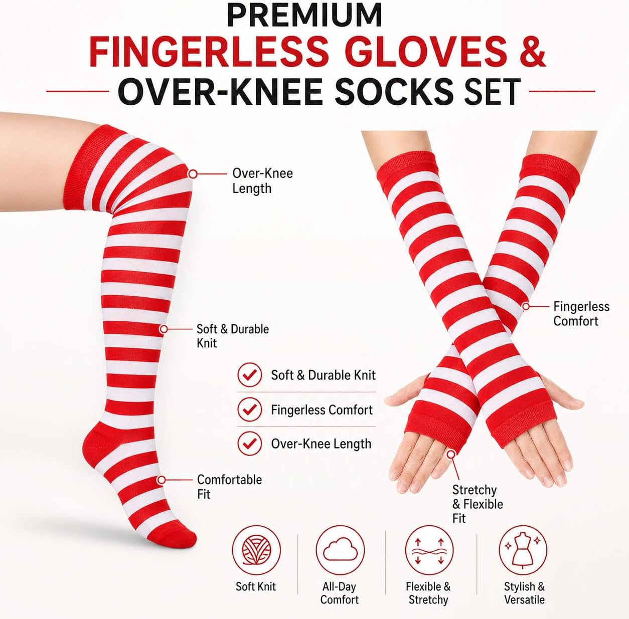 Utaly Women's Striped Thigh High Socks and Arm Warmers Set Over the Knee High Stockings with Fingerless Gloves for Woman image 3
