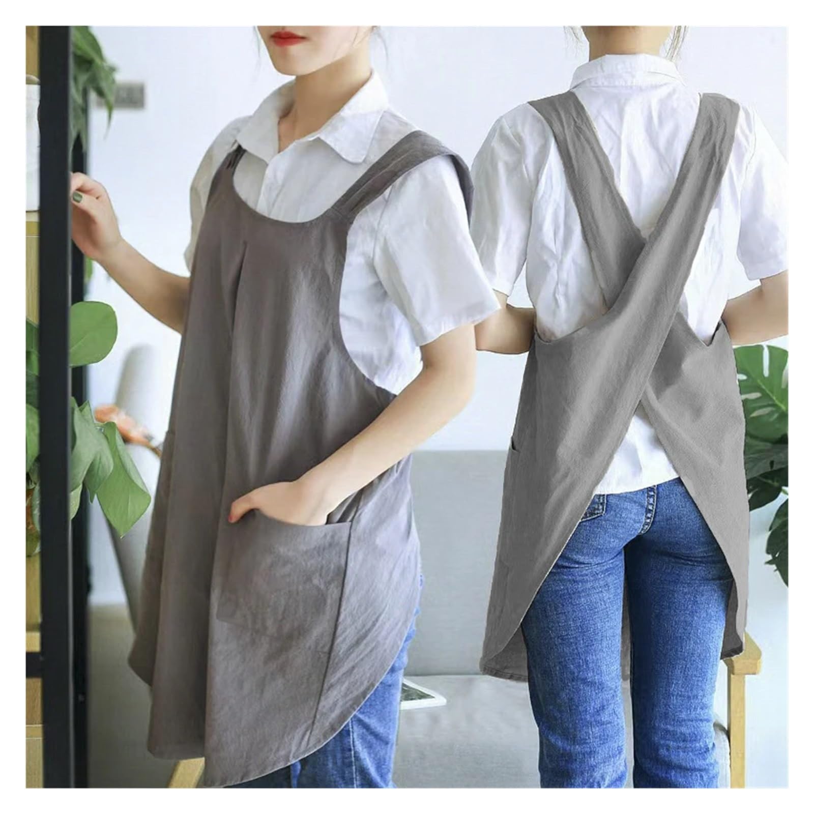 Delantales cruzados for mujer, delantal tipo blusón con bolsillos, bonito vestido de jardinería, delantales for