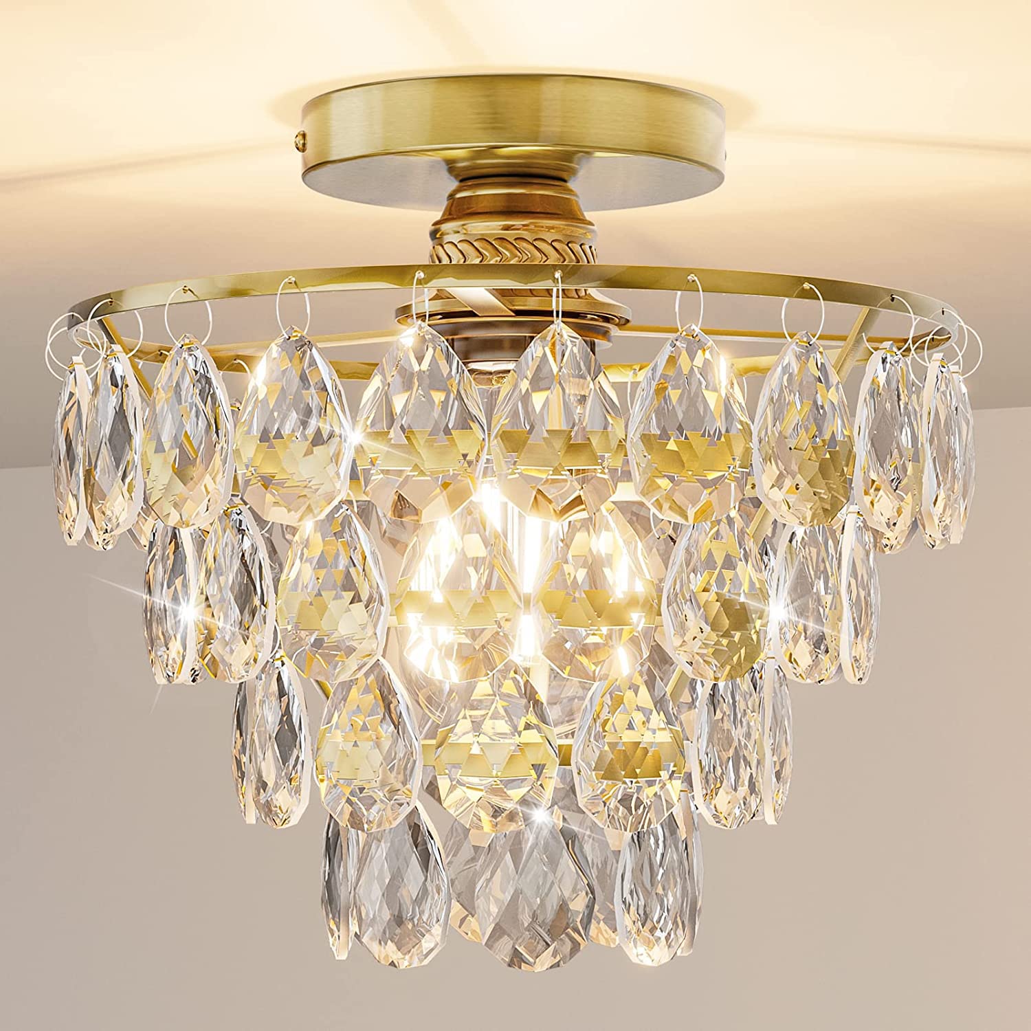 MORATER Luxury Gold Crystal Chandelier - 9.8 Inch Semi Flush Mount Ceiling Light with Crystal Decoration for Hallway, Bedroom, Bathroom - E26 Base and Easy Installation Included (Gold)