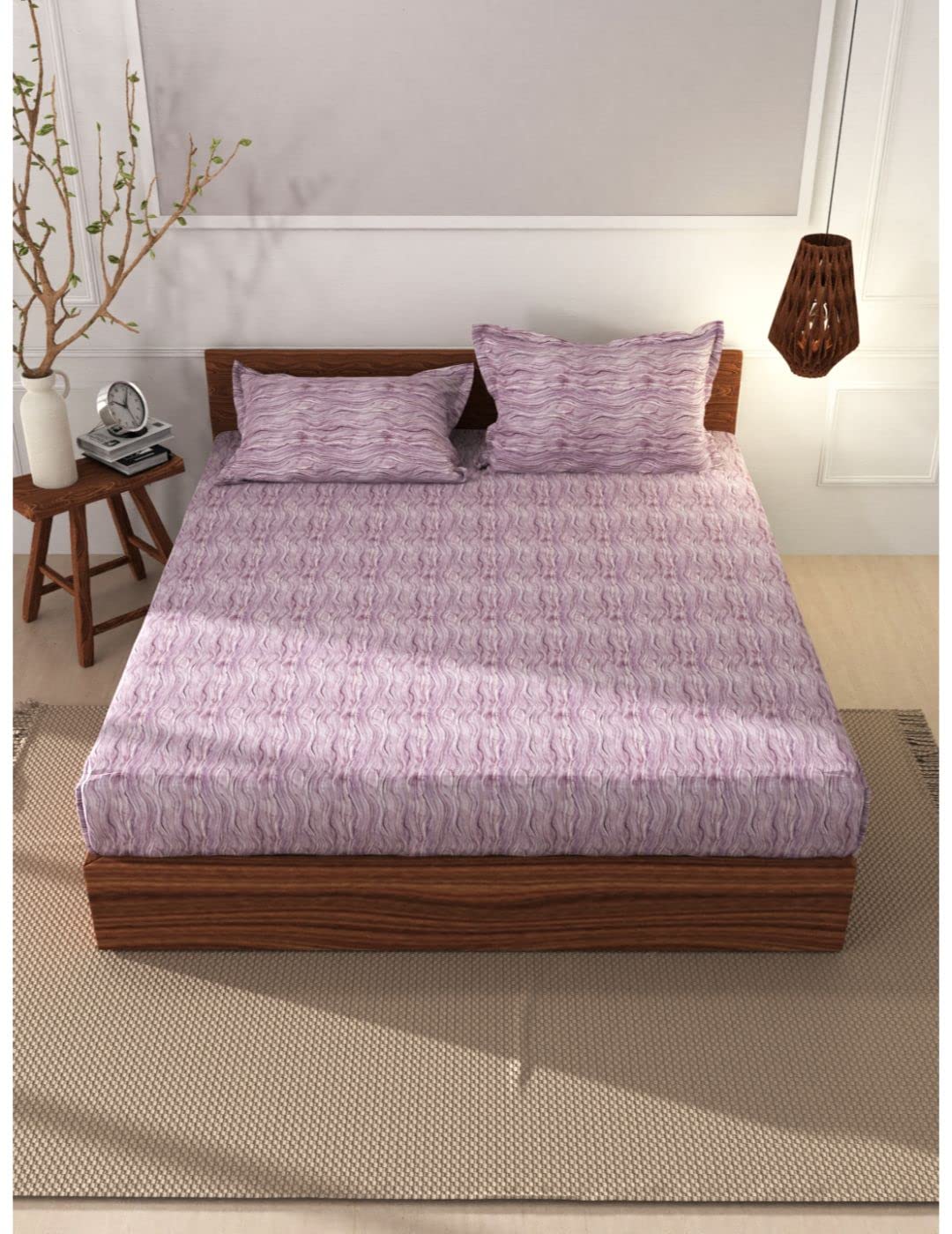 Bianca 144TC Soft 100% Natural Cotton XL King Fitted Bedsheet with Elastic Edges with 2 Pillow Covers -3Pc Set (Made to Fit) Geometric-Plum