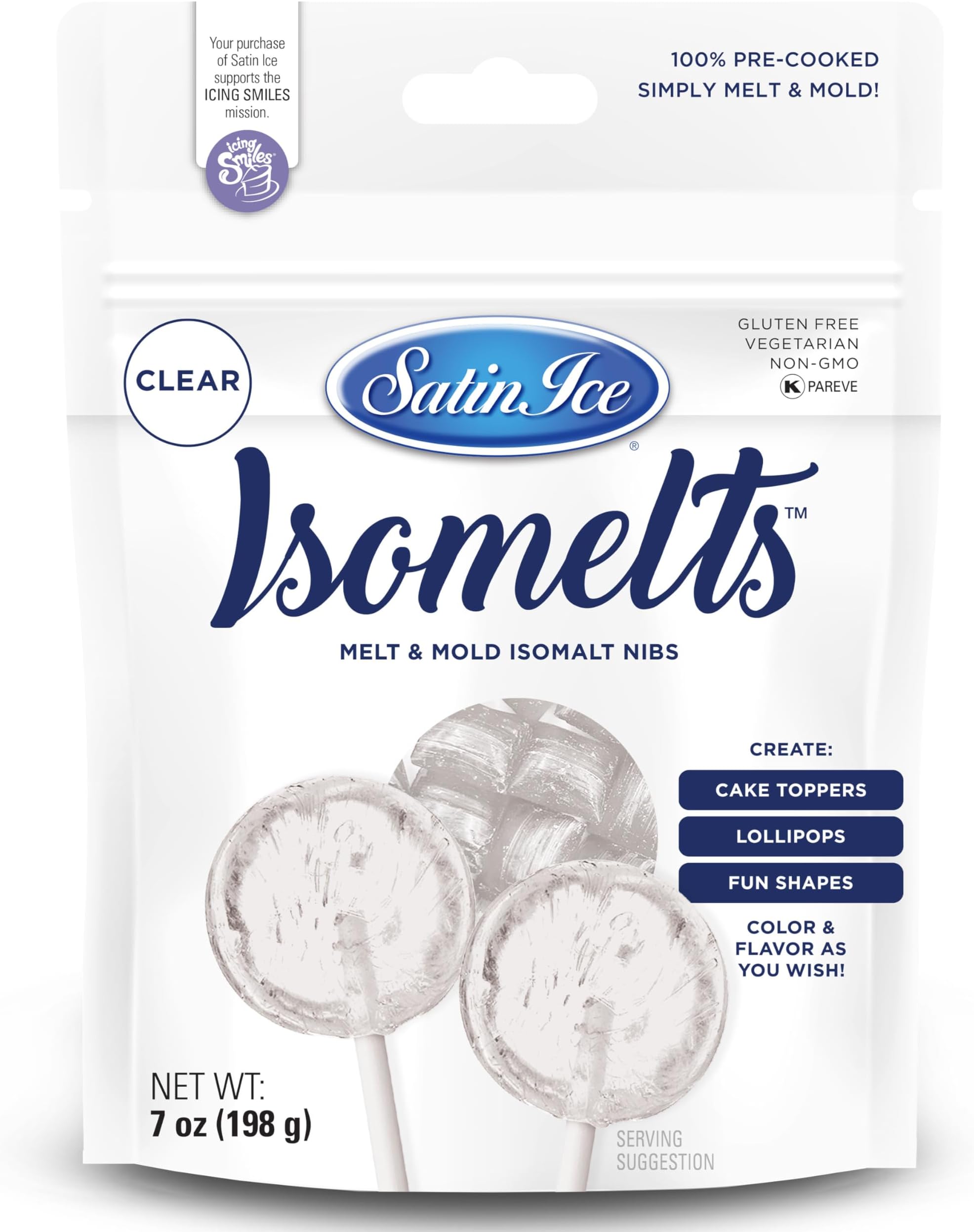 Satin Ice Isomelts for Making Lollipops (Clear) (7oz Pouch) – No Prep Isomalt, Pre-Colored, & Sugar-Free