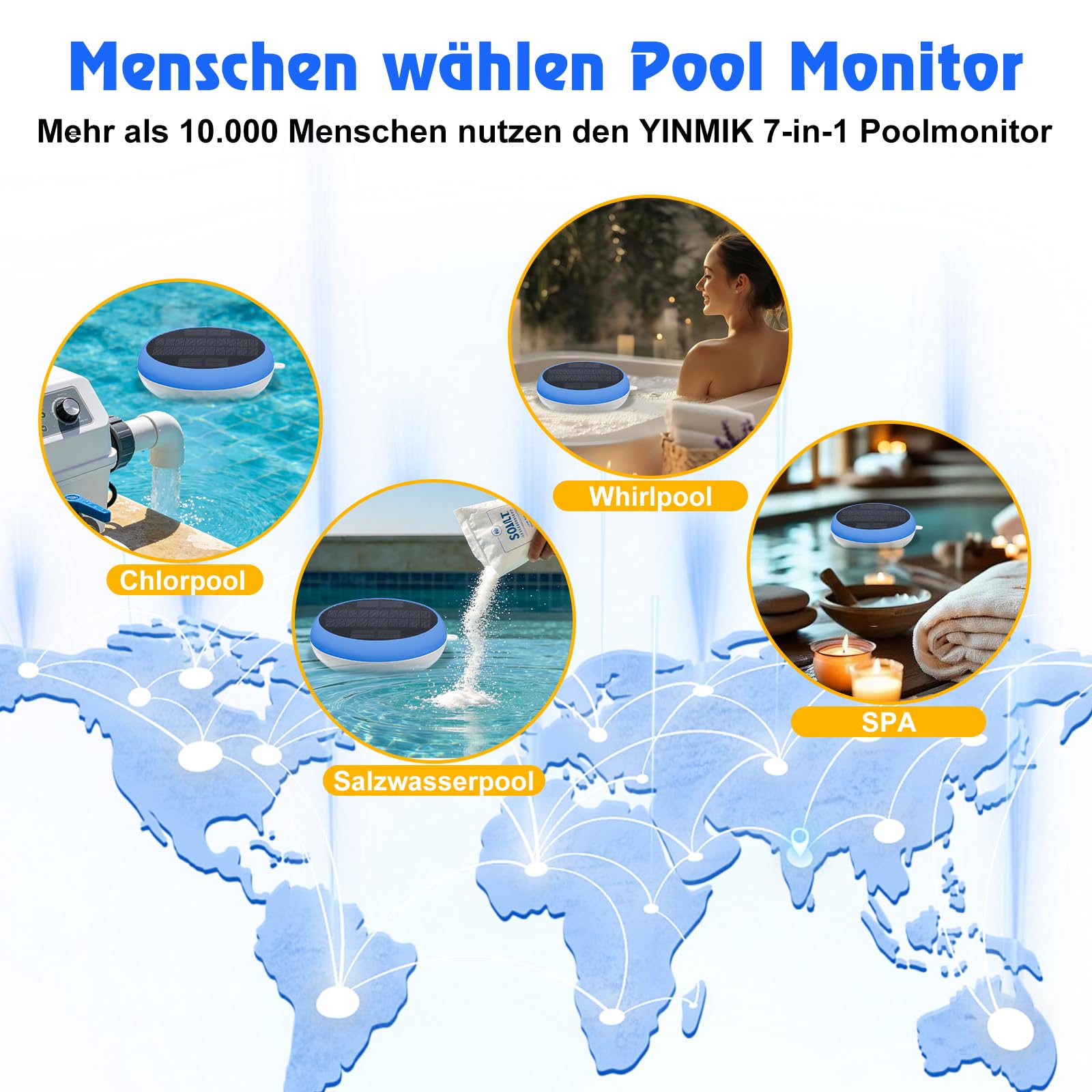 Intelligentes Pool Chlor pH Messgerät, Chlor Monitor mit Solarbetrieb, Digitales pH Salz Messgerät für Salzwasserpools, YINMIK 7 in 1 pH Chlor Salz ORP EC TDS Temp Meter für Außenpool Whirlpool Spa