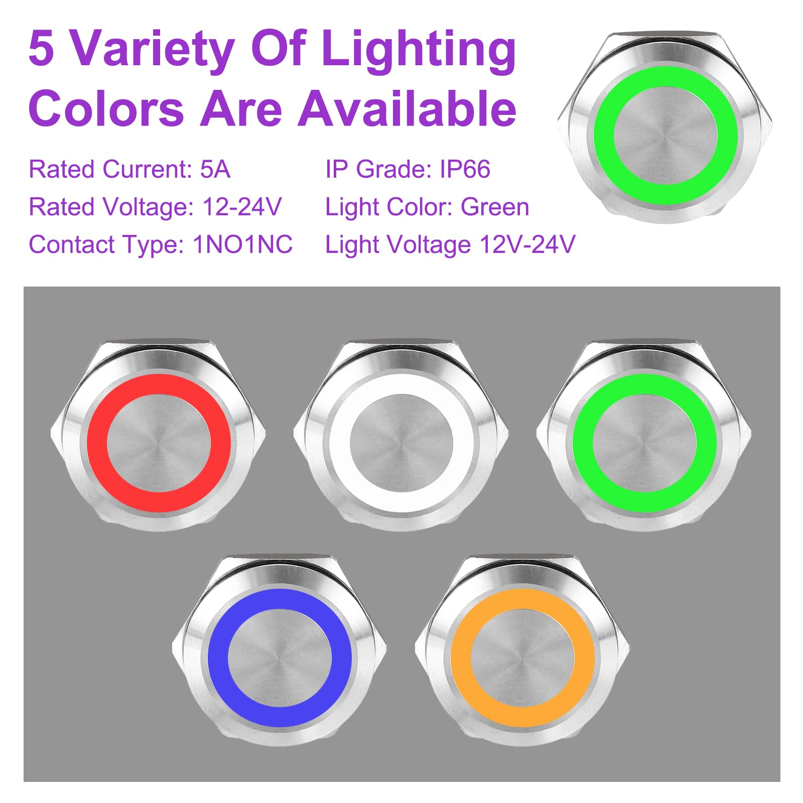 DMiotech 1 3/16 Inch Stainless Steel Momentary Push Button Switch Flat Head 5A 12-24V Silver Shell 6 Pin with Cable Socket Green Ring LED 1NO1NC for Car Boat Systems Custom Setups - Image 3
