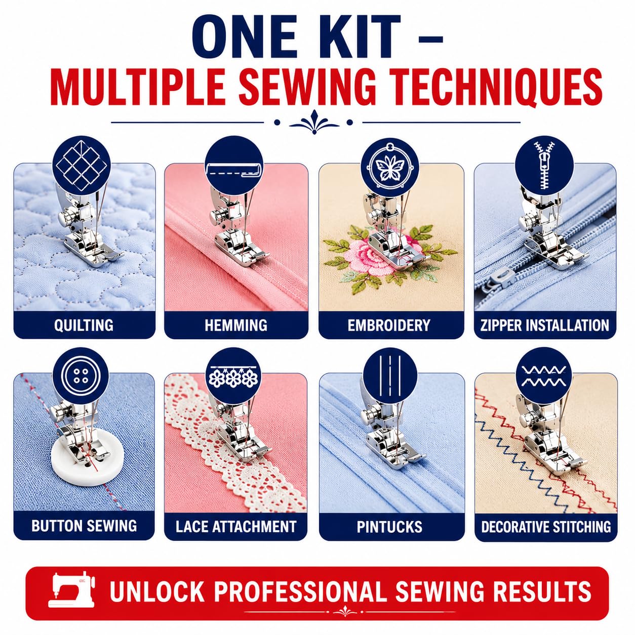Zenith 42-Piece Sewing Machine Presser Foot Kit | Imported Steel Multi-Function Sewing Feet Set for Domestic Low Shank Machines | Compatible with Brother, Singer, Usha, Janome & More — Amazon image 8