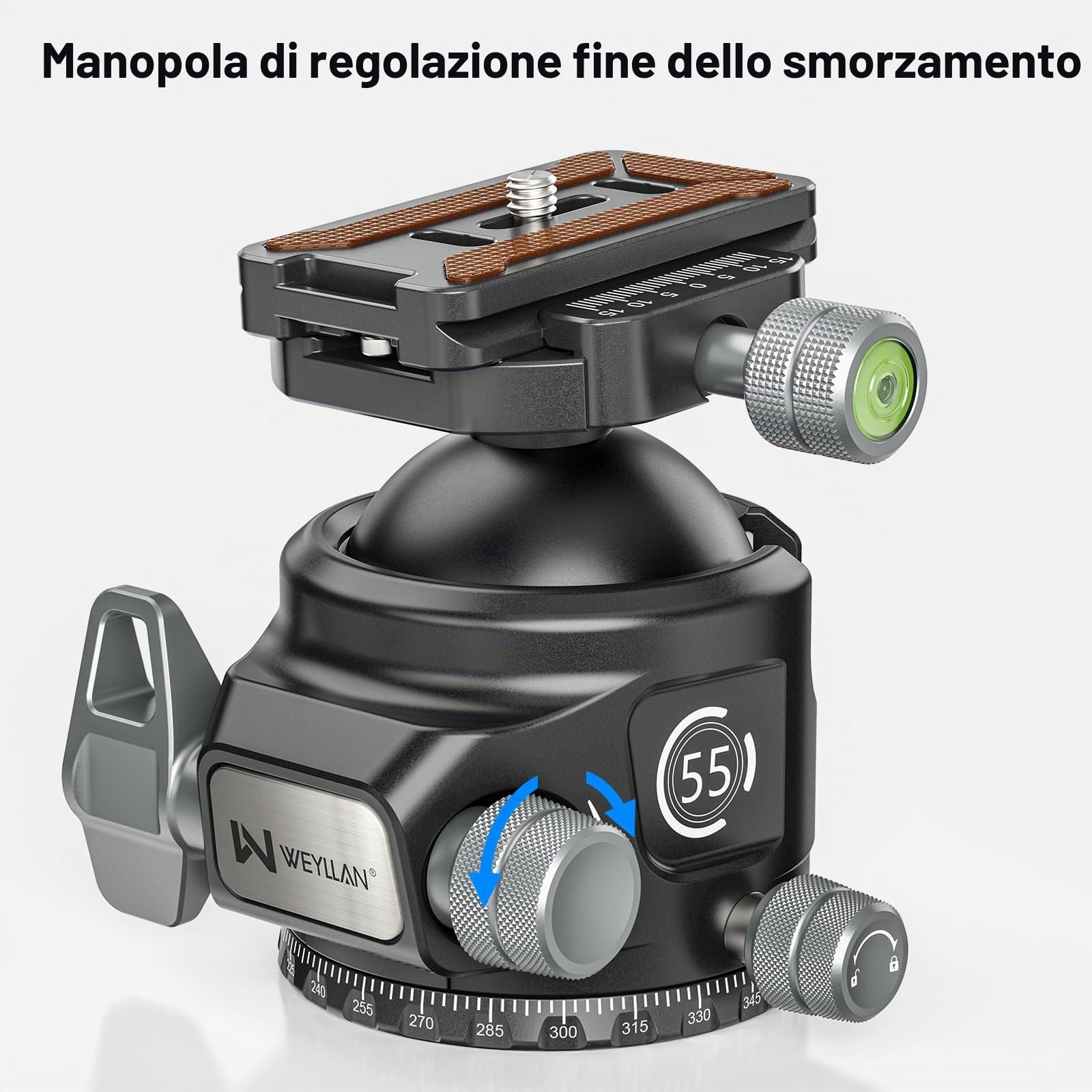 WEYLLAN KH55 testa a sfera per treppiede a basso profilo con rilascio a leva, 55mm testa sferica in metallo rotante a 360°, con arca rail m-lok, per riprese fotografiche di caccia, carico massimo 40kg