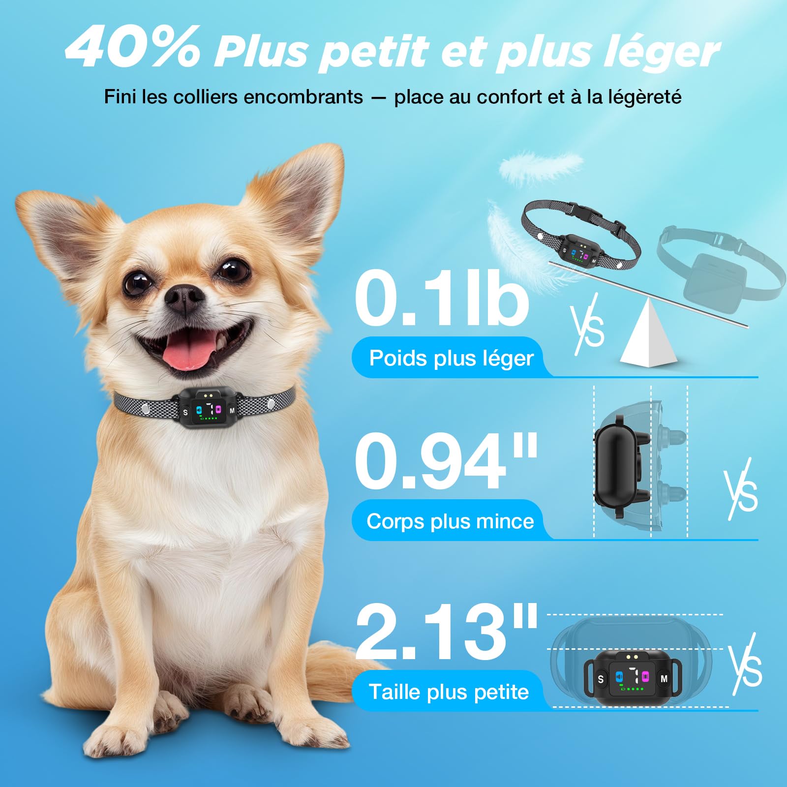 Collar Antiladridos para Perros, Collar Vibración Recargable, Súper Fino y Ligero, 3 Modos y 7 Niveles de Sensibilidad, Detección Inteligente de Ladridos, Impermeable IP67 para Perros Pequeños