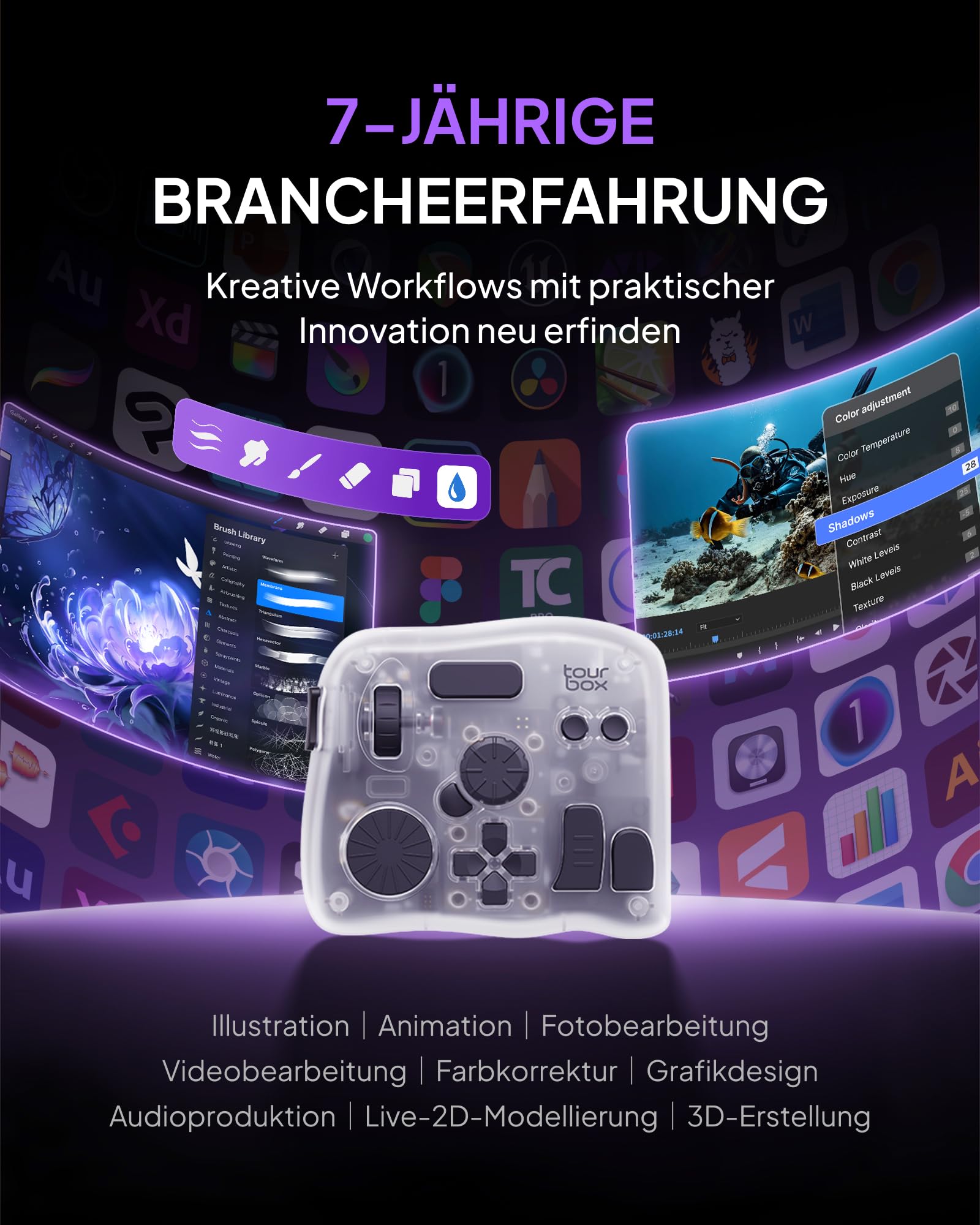 TOUR BOX Elite Plus, iPad-Zeichnen, Bluetooth-Controller für Video- und Foto- Bearbeitung, iPad/Mac/Windows-Konsole Tastatur für Procreate Adobe Krita Davinci inkl. Vollständig anpassbare Software