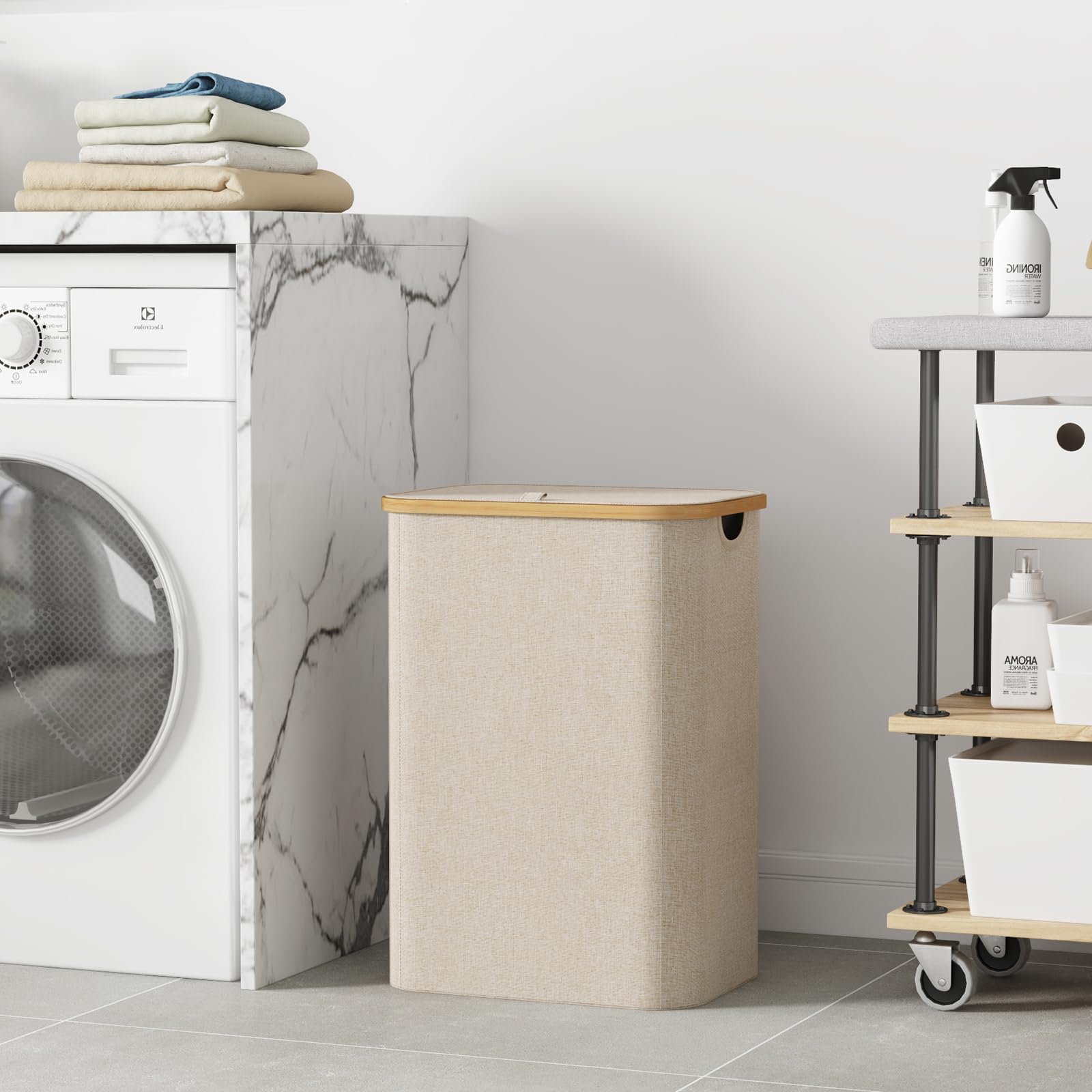 Lifewit 80L Laundry Basket with Lid, Dirty Clothes Bin with Bamboo Handles and A Removable Bag - Image 2