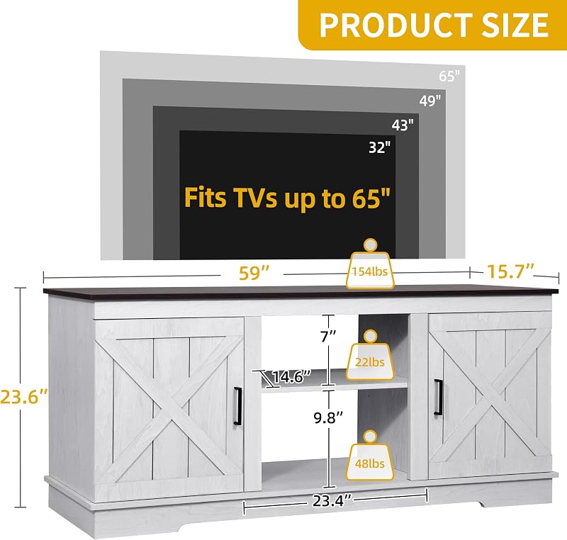 DWVO Farmhouse TV Stand for TVs up to 65, Double Barn Doors, Grey White image 6