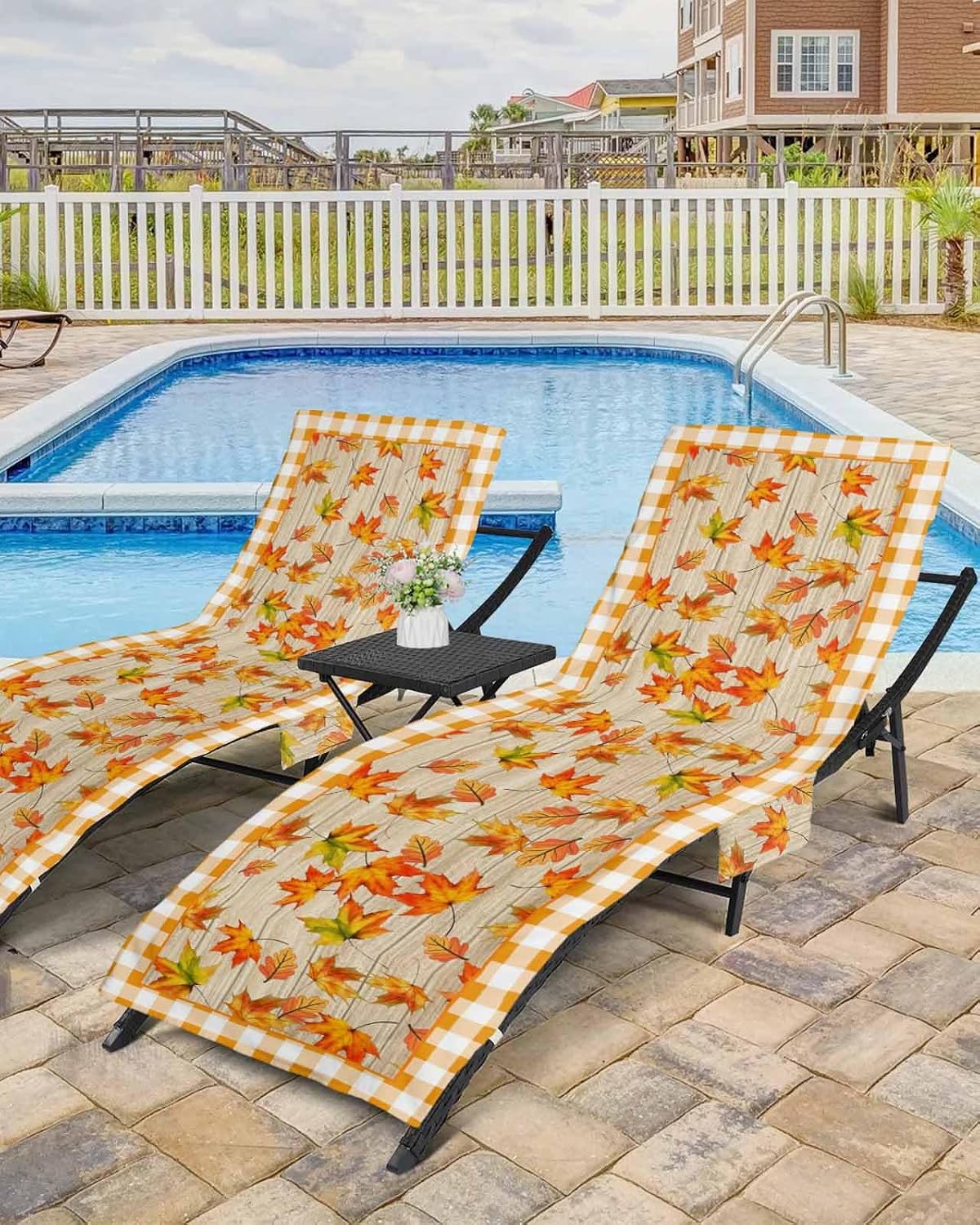 Vintage Leaves Beach Pool Patio Lounge Chaise Chair Cover Towel With Pockets,Absorbent & Quick Dry Microfiber Towel Cover Bag Summer Sunbathing Accessories Orange Fall Autumn Maple Wood Grain Plaid