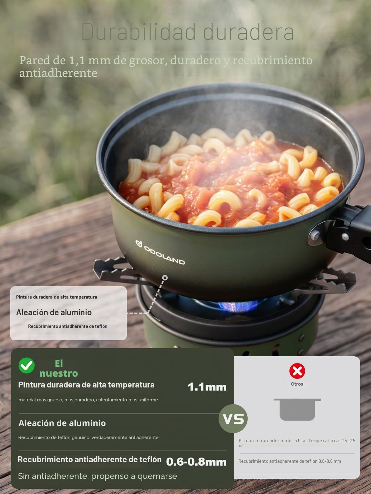 Odoland Juego de 5 Utensilios de Cocina para Camping, antiadherentes, Ligeros, con un Mango extraíble, mochileros, Camping, Senderismo y Picnic, Color Verde