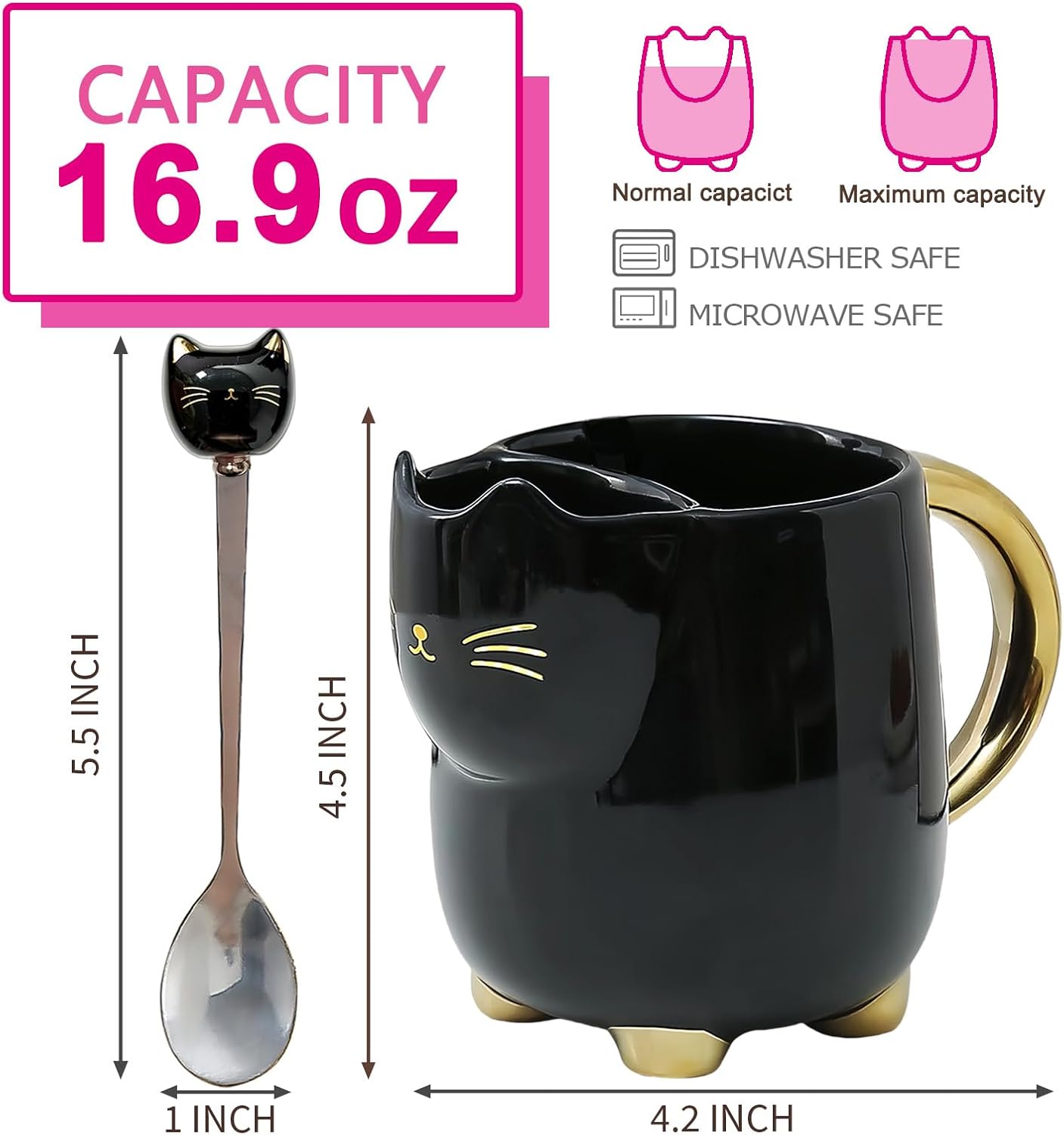 Christmas mugs Ceramic Cat Mug with Tea bag– 17oz Unique Coffee Cup with kitty Expression Design, Fun Gift for Women, Girls, Kids, Cat Lovers (BLACK) - Image 3