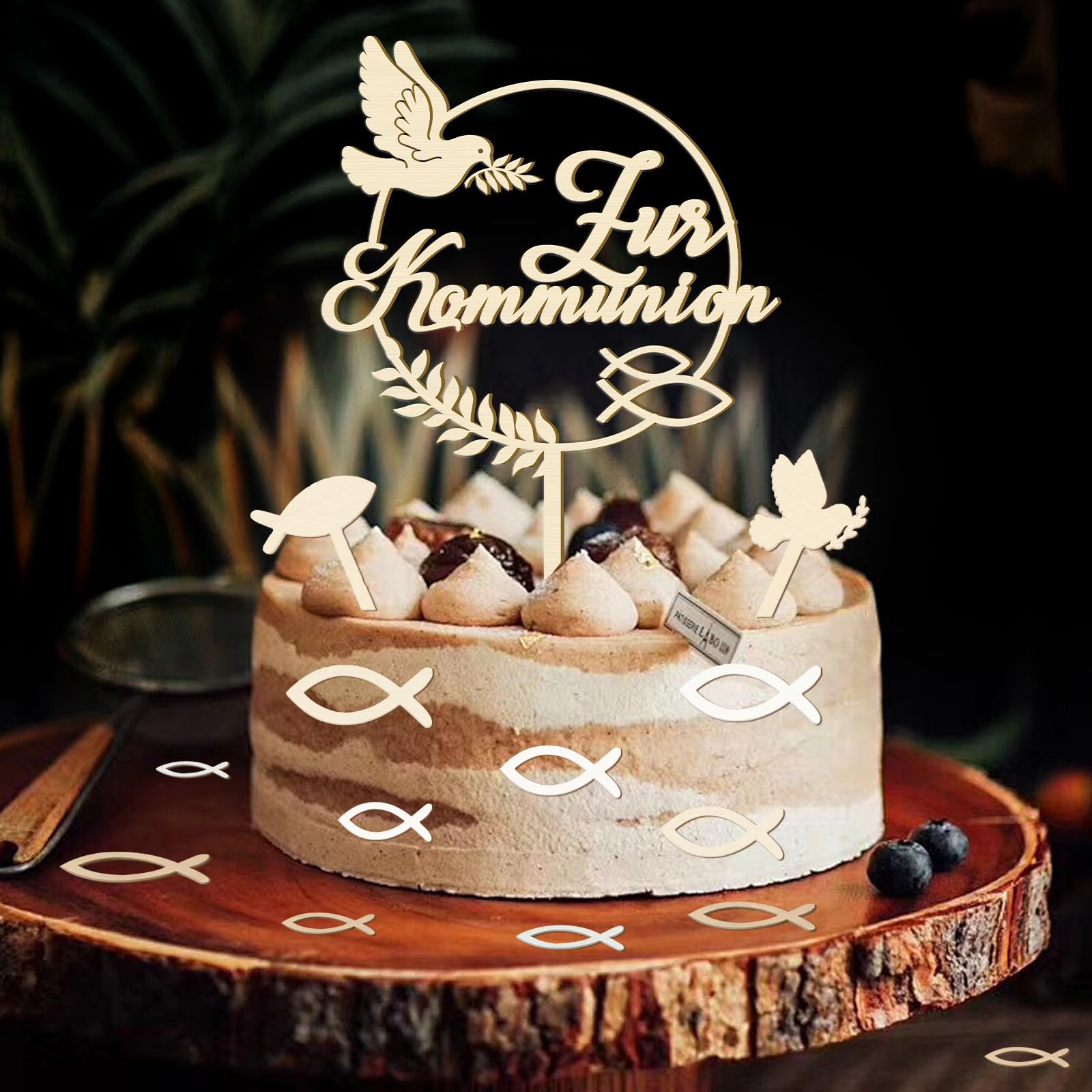 Tortendeko Kommunion, mit Cake Topper Kommunion Holz & 36 Stück Holz Fische Streudeko Tischdeko & Fisch Taube Kuchen Deko, Erstkommunion Deko Junge Mädchen Geschenke Gastgeschenke, Kommunionsgeschenke