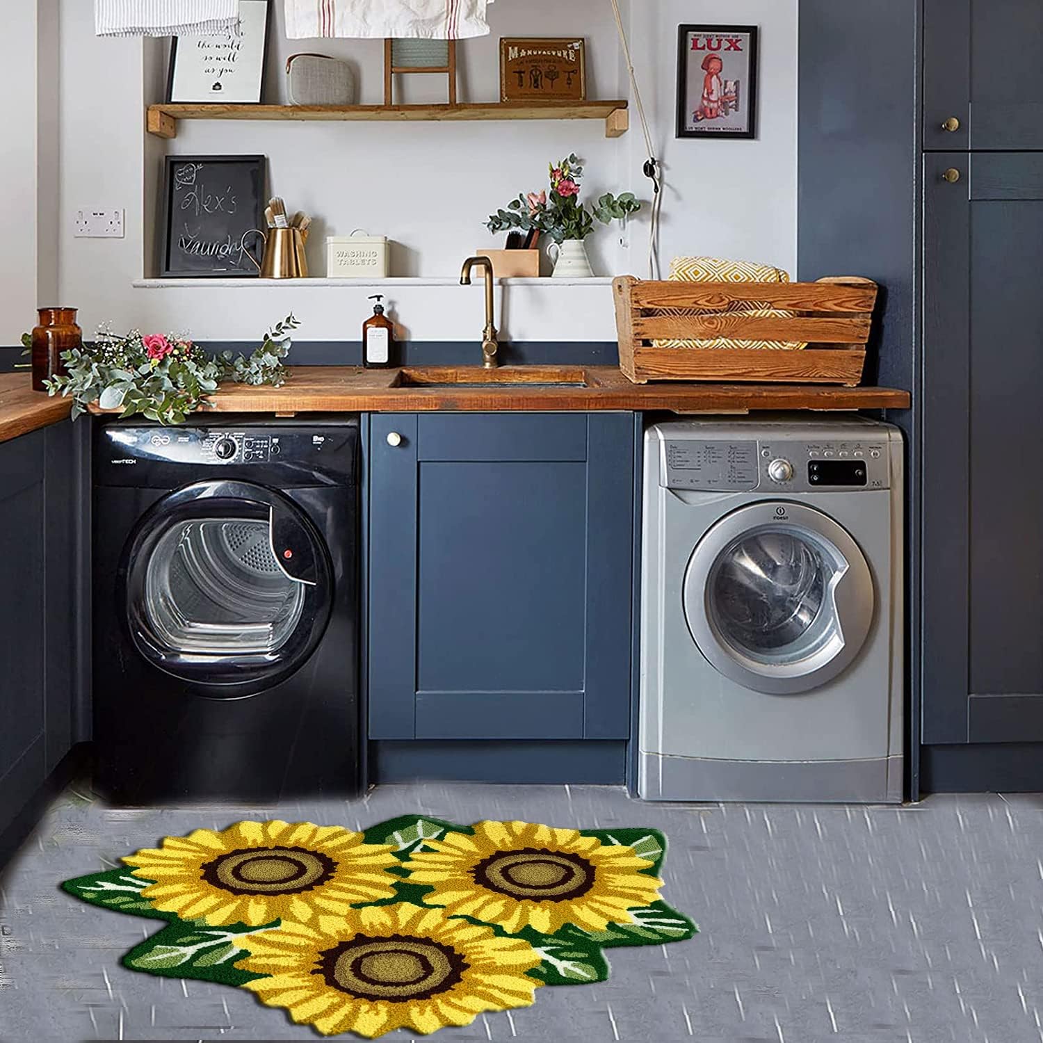 ABREEZE Sunflower Rug Hand Woven Sunflower Carpet,35.4" x 25.5" Flower Shaped Washable Bath Carpet Layered Doormats Indoor Rug for Front Porch/Farmhouse/Entryway/Patio/Bedroom/Living Room