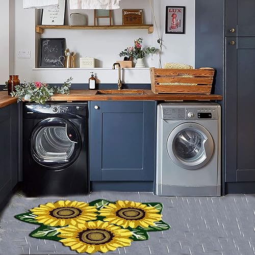 Miniatura 4 de ABREEZE Alfombra de algodón tejida a mano con forma de girasol, alfombra lavable de baño, alfombra de interior para porche delantero, granja,