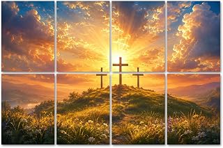 8 Pack Art Acoustic Panels Sound Absorbing Three Crosses Radiant Hill Flowers Dramatic Sunset Sky Decorative Soundproof Wall Panels Self Adhesive for Home Recording Studios 48"x32"