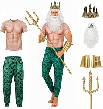 UQJE Men Poseidon Costume Set, Adult Ocean King Outfit, Trident Crown