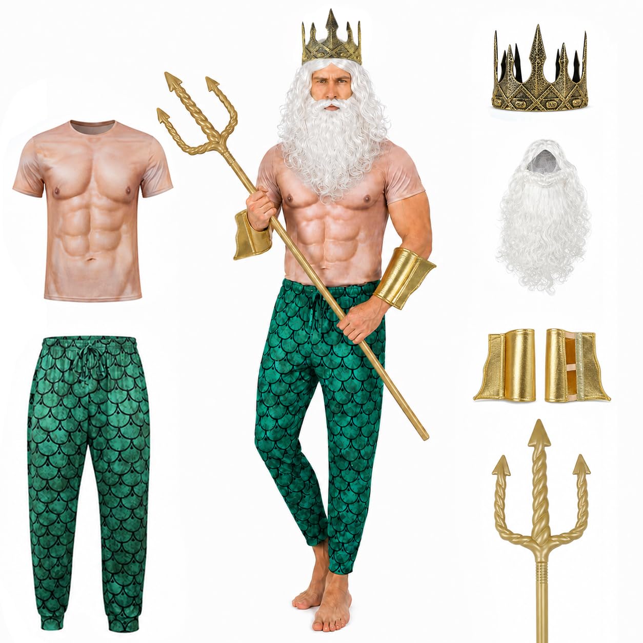UQJE 7 Pcs Men’s Poseidon Costume Set, Sea God Outfit with Muscle Shirt, Scale Pants, Crown, Trident, Wig Beard-L
