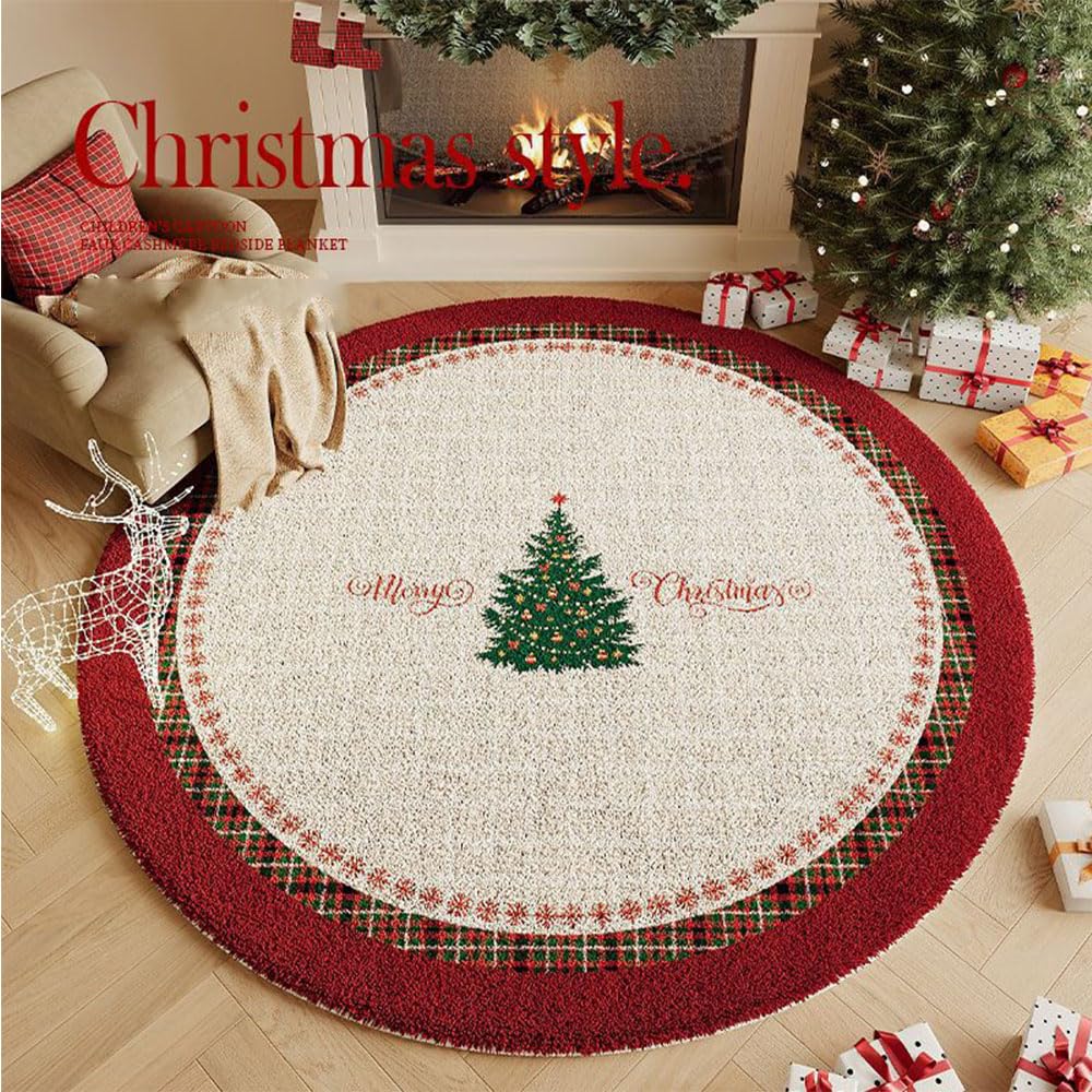 Odot Tapis Rond de Noël, Lavable Rug de Salon, Chambre à Coucher, Ambiance Festive,Tapis Chambre Enfant, Couverture de Chevet Père Noël pour L'intérieur (Rouge et Vert,160cm)