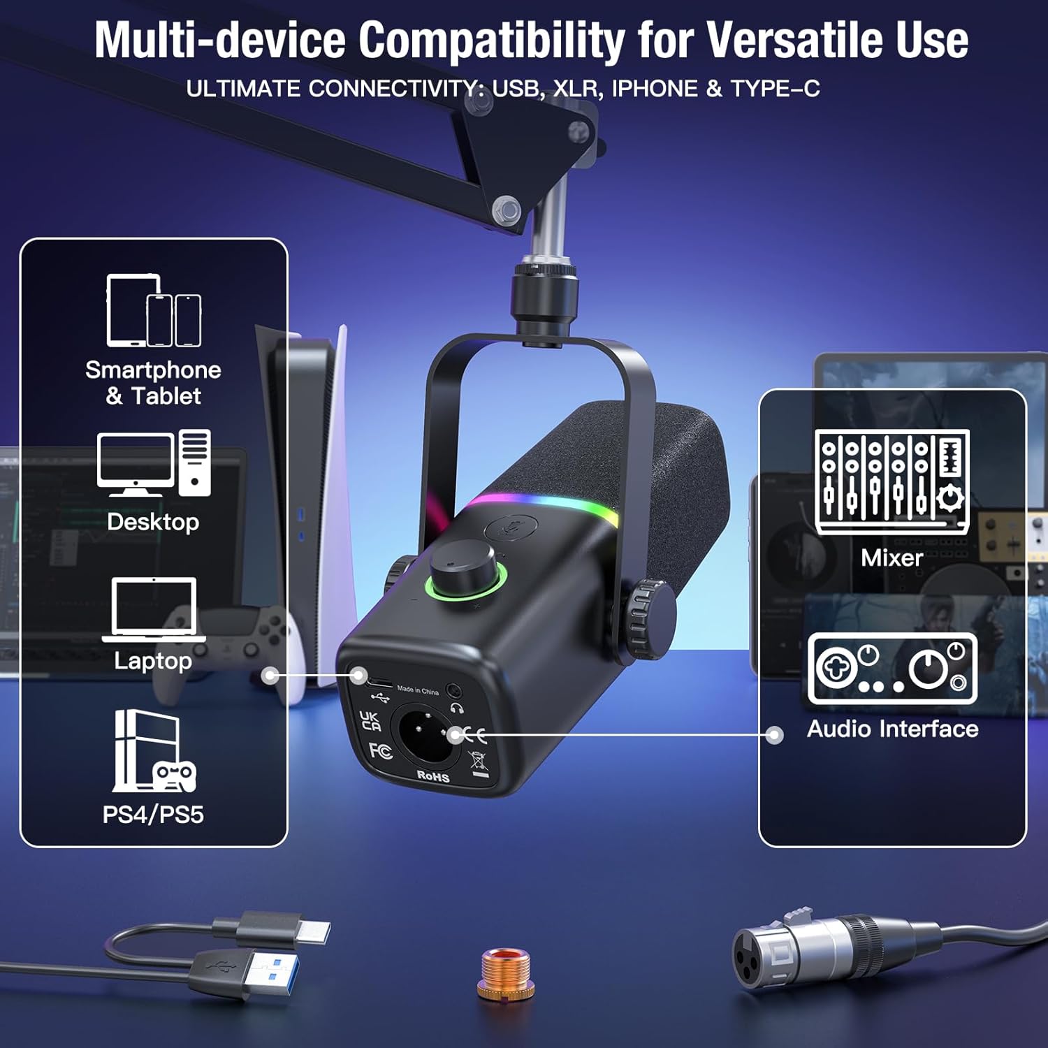 ZealSound XLR/USB Dynamic Microphone for Gaming Podcast,Mic for iPhone Phone PC Computer Gaming Streaming Microphone with RGB Light,Mute Button,Mic Gain,Headphones Jack,Boom Arm Stand,Singing YouTube - Image 2