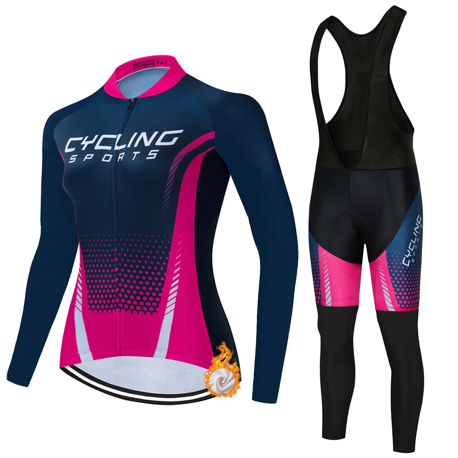 Conjunto Ropa Ciclismo Mujer Invierno Traje Bici MTB Polar Térmico,Maillot Ciclista Chaquetas Ciclo Manga Larga y Pantalones Tirantes con 19D Gel Acolchado,Completa Bicicleta BTT Jerseys Transpirable