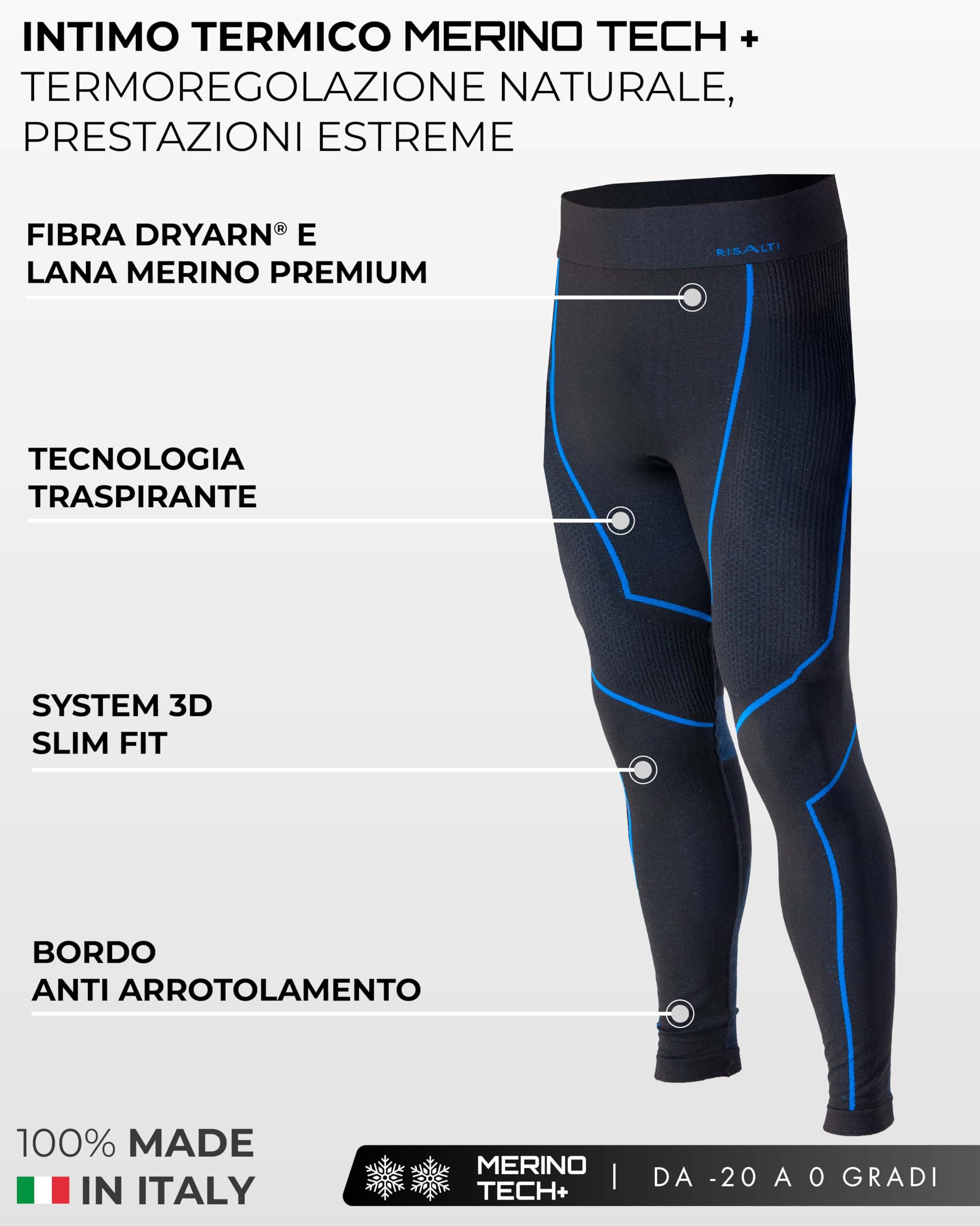 Risalti Calzamaglia Termica Uomo Merino Tech - Pantaloni Termici Uomo a Compressione in Lana Merino, Calzamaglia Uomo, Intimo Termico Uomo Invernale - Senza Cuciture - Made in Italy