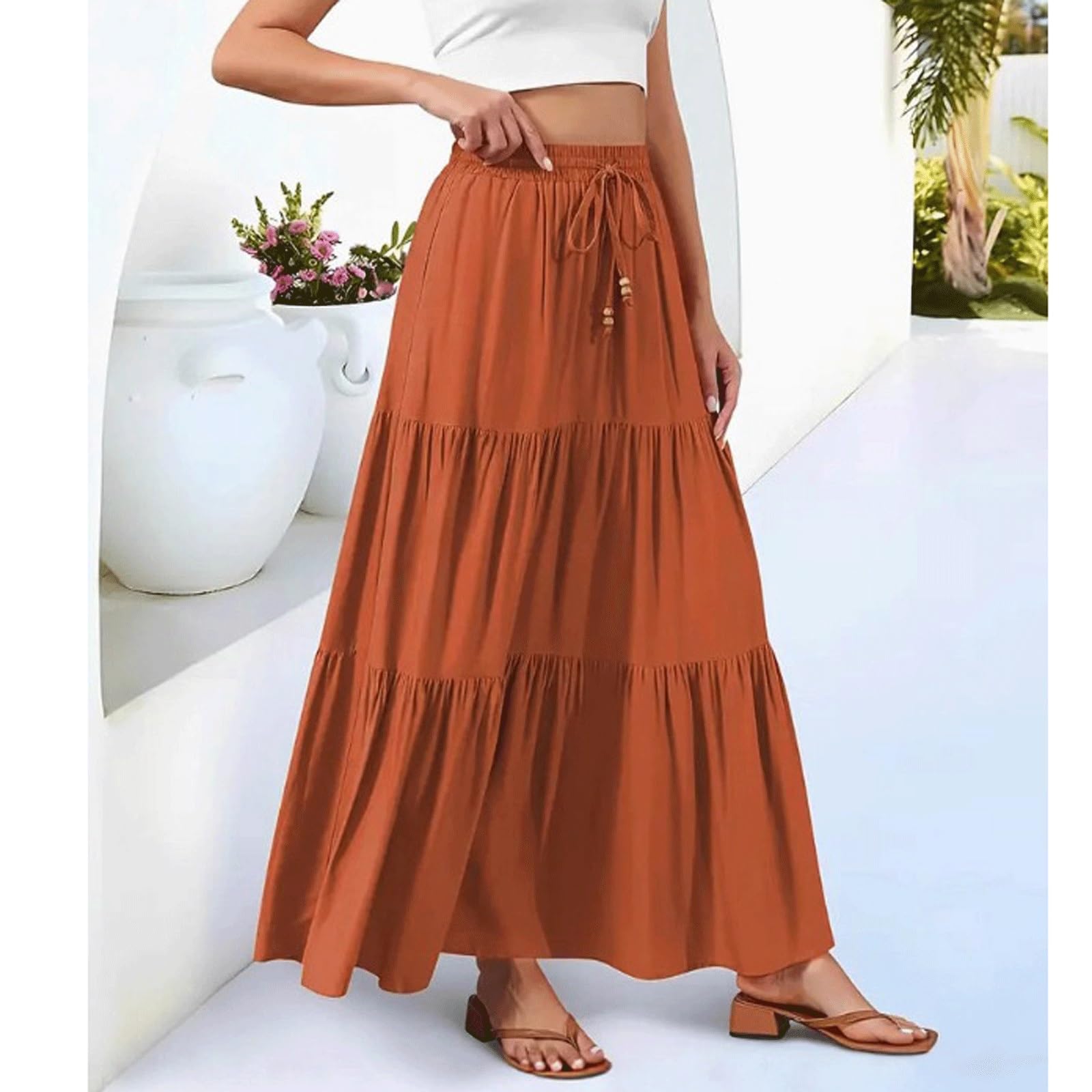 DUddTTW Pleated Women's Midi Skirt Maxi Skirts Midi Length Flowy Skirt Ankle Length Skirts High Waisted Swing Skirt with Pockets Fashion(Orangered,XX-Large)