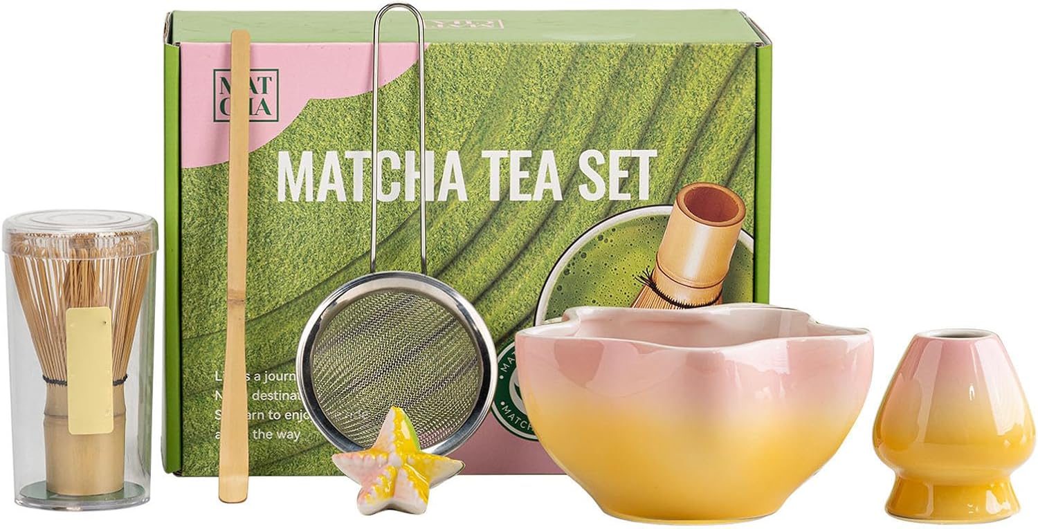 Matcha Whisk Set, Ceramic Matcha Kit with 500ml Bowl Whisk Holder Scoop Rest Sifter, for Authentic Experience Beginners Enthusiasts (Pink Yellow)