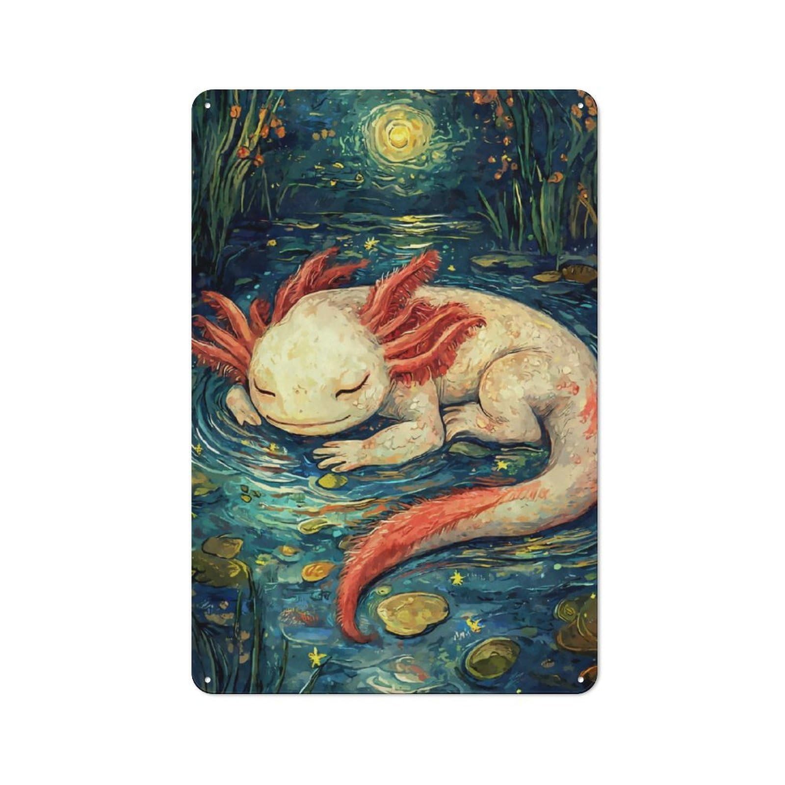 Junmoney Axolotl Sleeping Starry Night Industrial-Style Metal Sign 30X20cm For Hallway Wall, For Kitchen, Dining Room And Home Bar Wall Decor