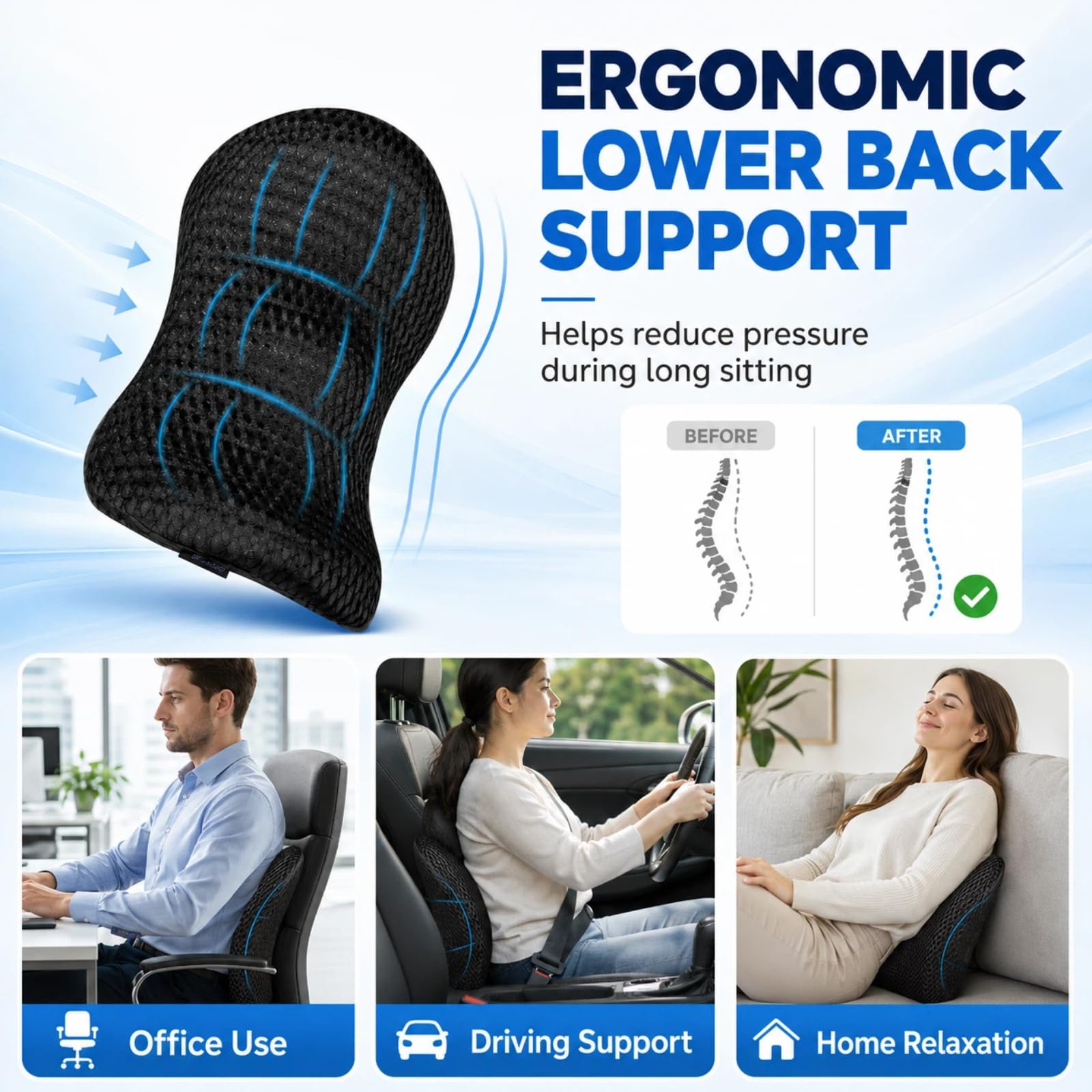 Cuscino Lombare in Memory Foam, Supporto Schiena Ergonomico per Sedia Ufficio e Auto, Design Ortopedico Traspirante Mesh 4D per Sollievo dal Dolore, Cinghia Regolabile