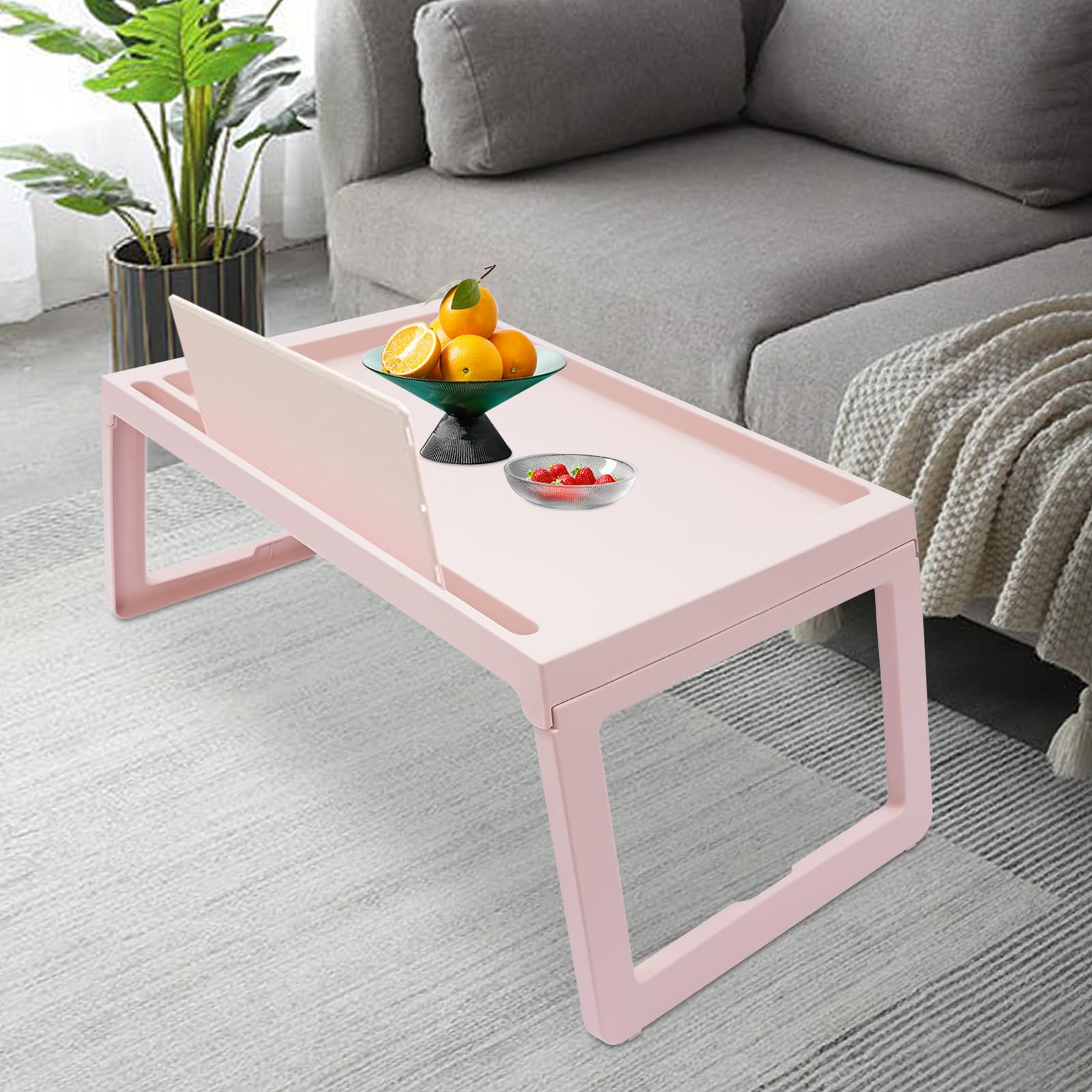 Lot de 4 plateaux de lit pliables en plastique pour enfants et adultes, stable et peu encombrant, pour manger, lire et étudier au lit ou sur le canapé (rose)