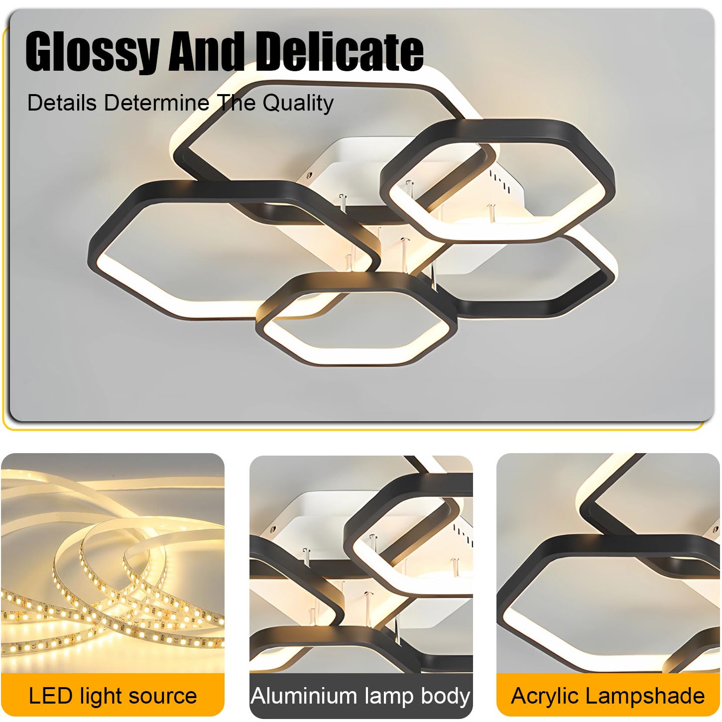 Lámpara de techo LED moderna, lámpara de techo regulable para dormitorio de 3000-6000 K con mando a distancia, lámpara de techo acrílica negra, ideal para dormitorios. (Oro)