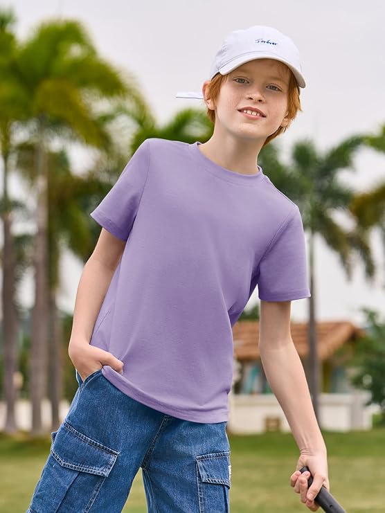 Haloumoning Boys T-Shirts, Short Sleeve Crewneck, 5-14 Years | Solid Basic, Casual Tops