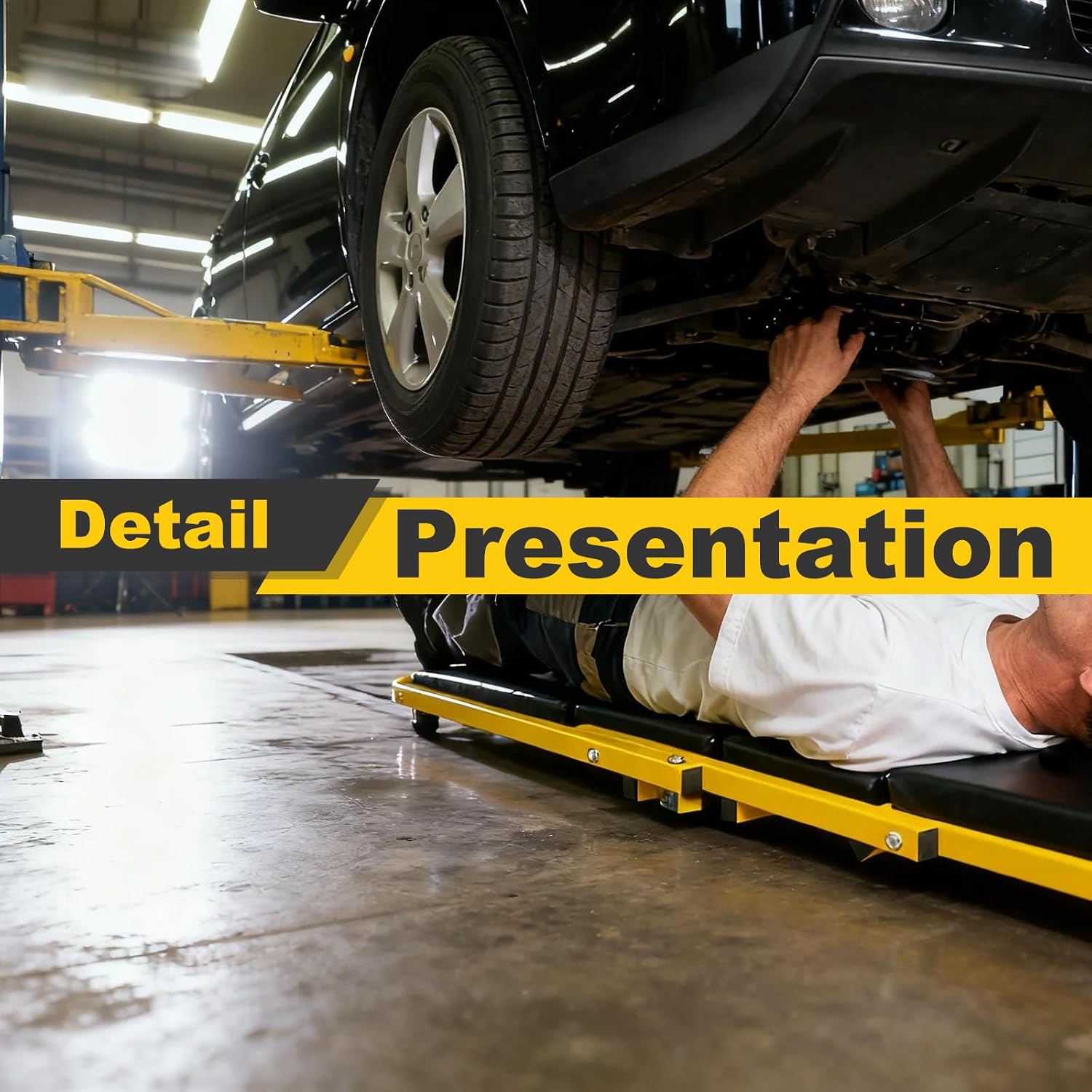 Low Profile Creeper with 6 Swivel Casters and Waterproof Seat Cushion, 40" Foldable Creeper for Garage Shop Warehouse, 2 in 1 Under Car Creeper Seat 330lbs Max Weight Capacity, Yellow