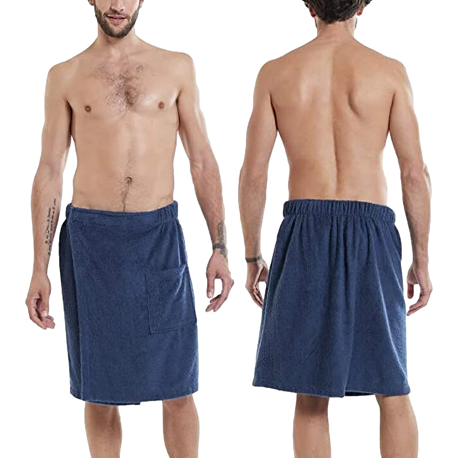 Hombre Toalla de Baño de Sauna Ajustable - Toalla de Playa Portátil con Bolsillo para Ducha SPA Piscina & Gimnasio Azul Marino L