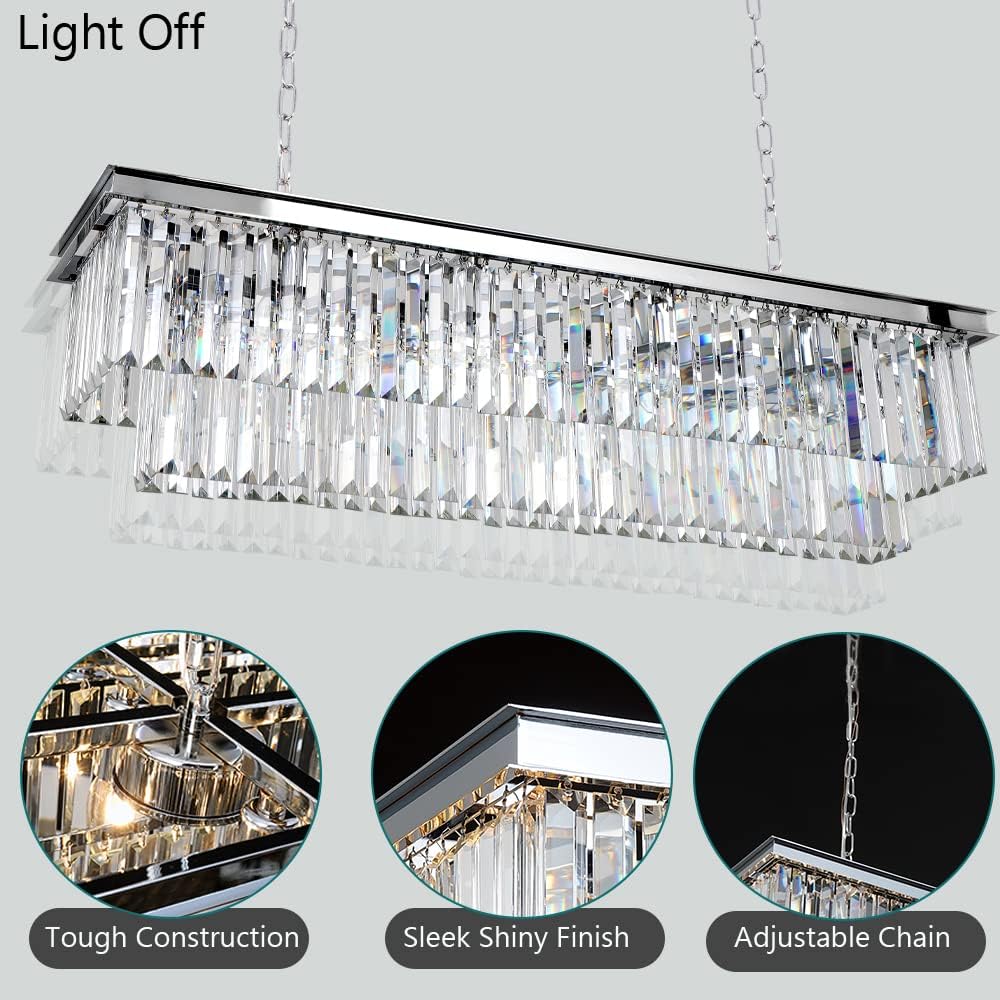 Chrome Crystal Chandelier Lighting L39'' Rectangular Modern Dining Room Lighting Fixture Rectangle Light Fixture Ceiling Hanging for Kitchen Island Over Table Linear