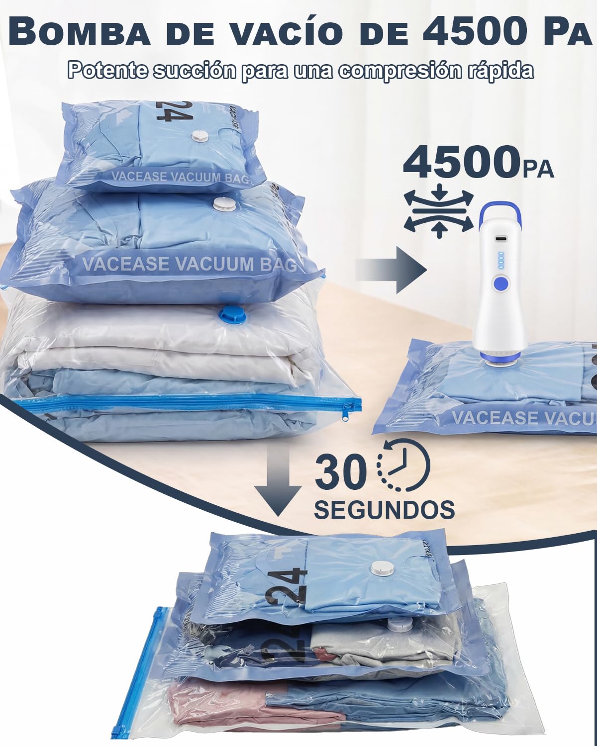 Paquete de 12 bolsas de almacenamiento al vacío (4 de 100 x 80 cm, 4 de 74 x 54 cm y 4 de 64 x 47 cm) con bomba eléctrica y doble cremallera, impermeables y herméticas. - 5