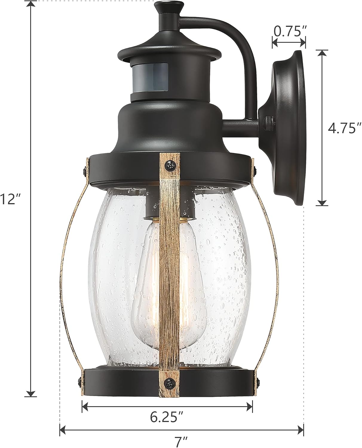 Exсluѕіvе Dіѕсоunt 70% Prісе MOTINI Black and Wood Outdoor Wall Lantern with Motion Sensor, 12'' Vintage Exterior Wall Lights with Clear Seeded Glass Shade Rustic Waterproof Wall Mount Lighting Fixture, ETL