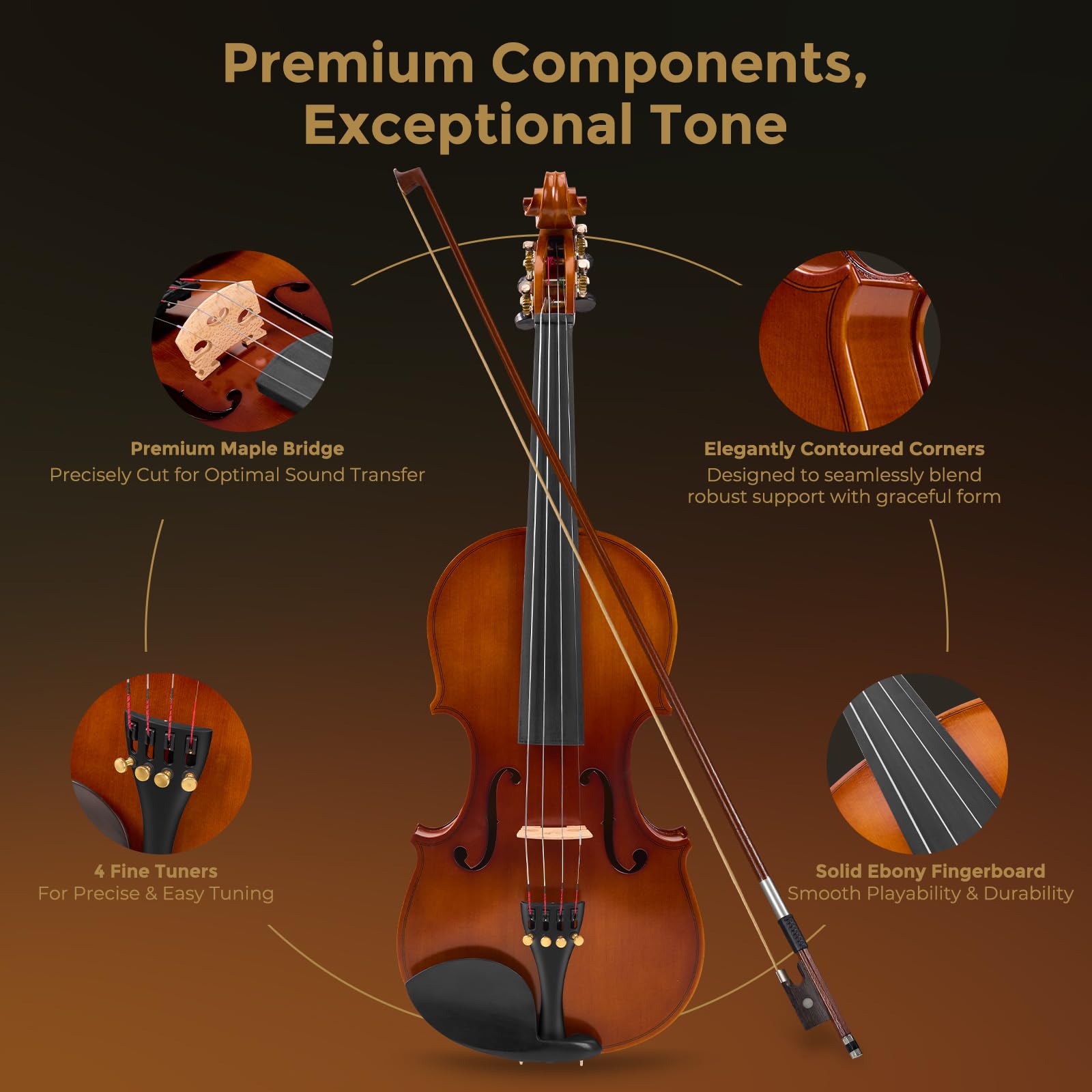 Vangoa Violon Acoustique 4/4 Fabriqué à la Main avec Étui Rigide Léger pour Débutants Adolescents Adultes Droitiers