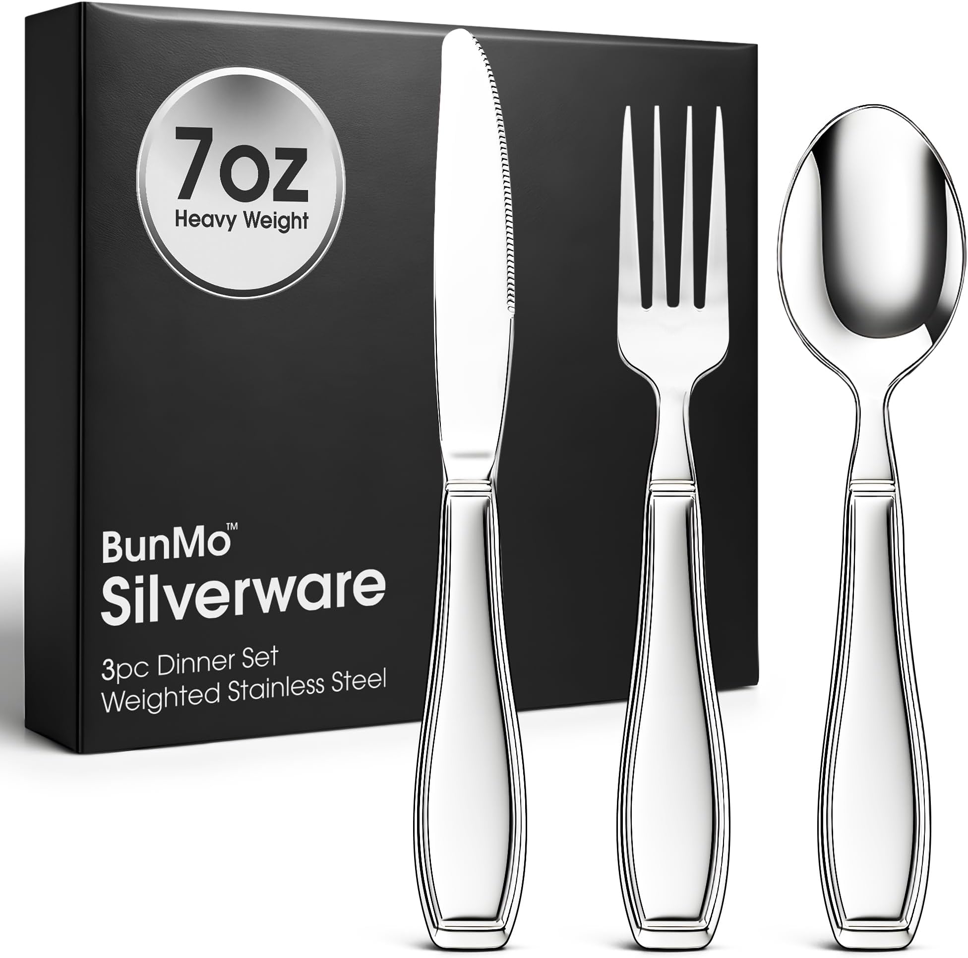 BUNMO Weighted Utensils for Hand Tremors - Elderly, Weak Hand Grip & Handicapped - Stainless Steel - Eat Independently - Weighted 3 Piece Set