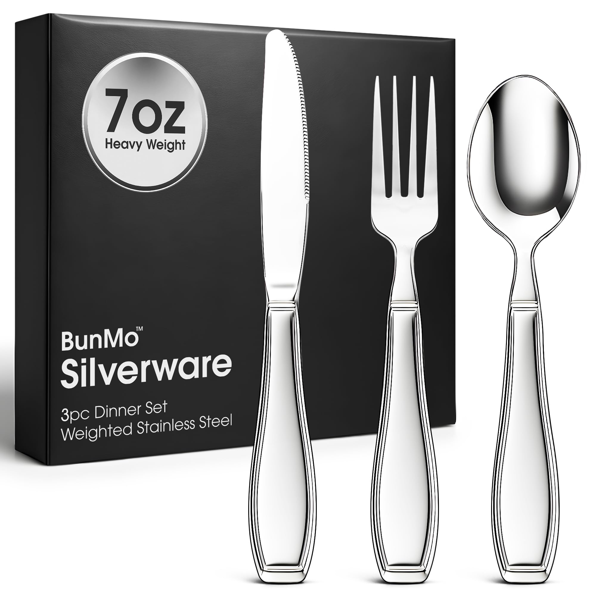 BUNMO Weighted Utensils for Hand Tremors - Elderly, Weak Hand Grip & Handicapped - Stainless Steel - Eat Independently - Weighted 3 Piece Set